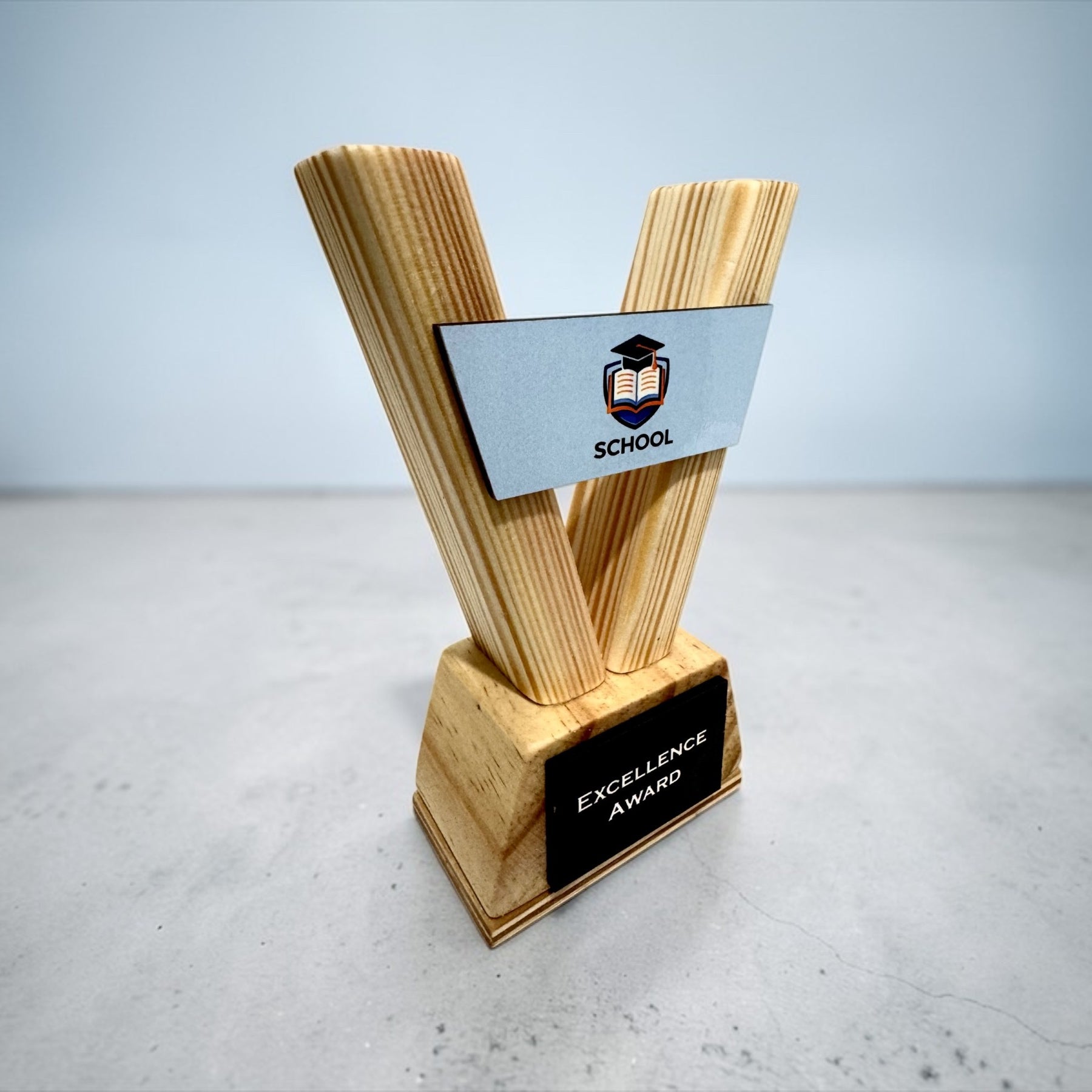 Custom Trophy – Personalised Wooden Award with Logo for School Corporate Sports Events
