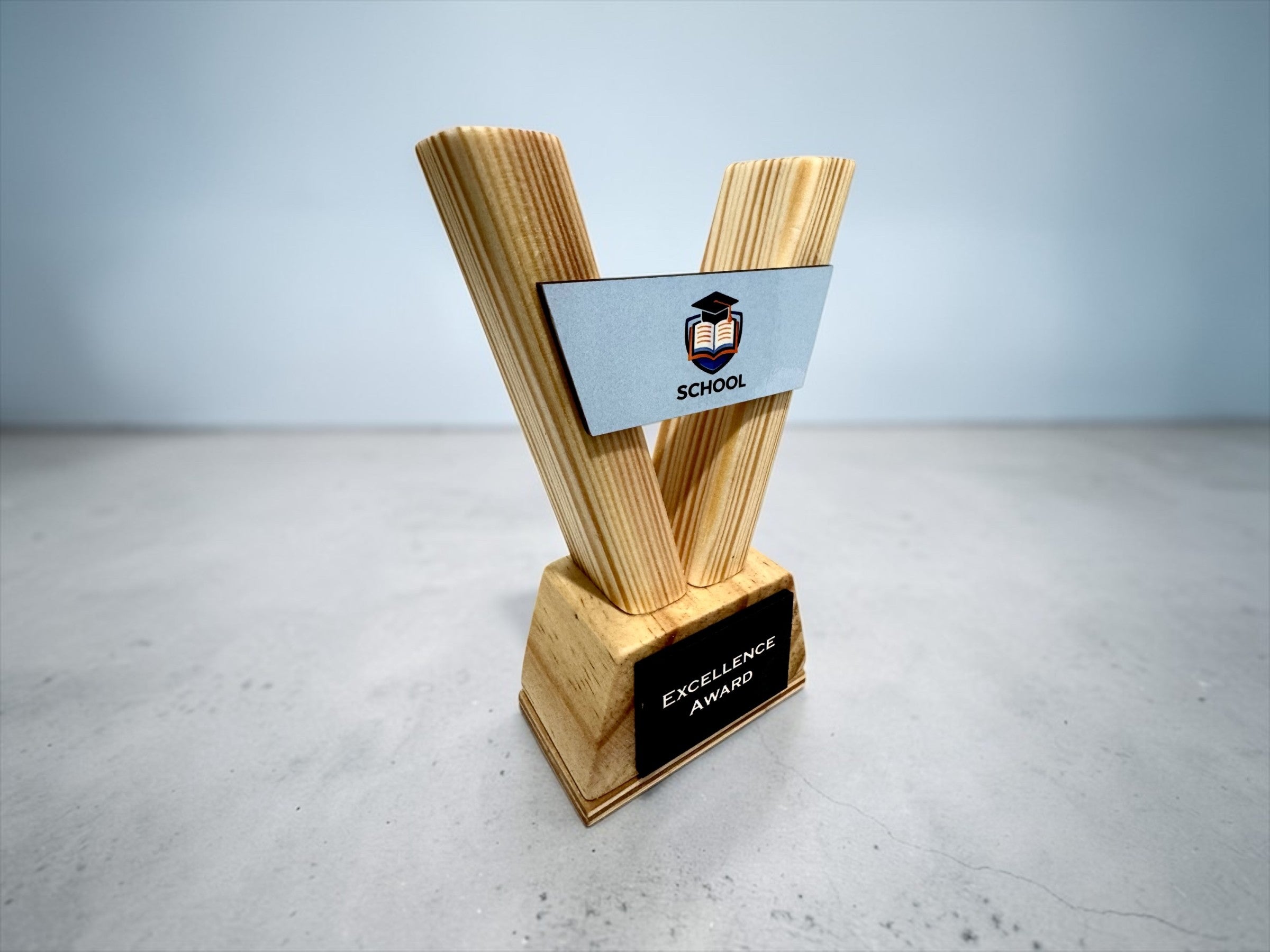 Custom Trophy – Personalised Wooden Award with Logo for School Corporate Sports Events