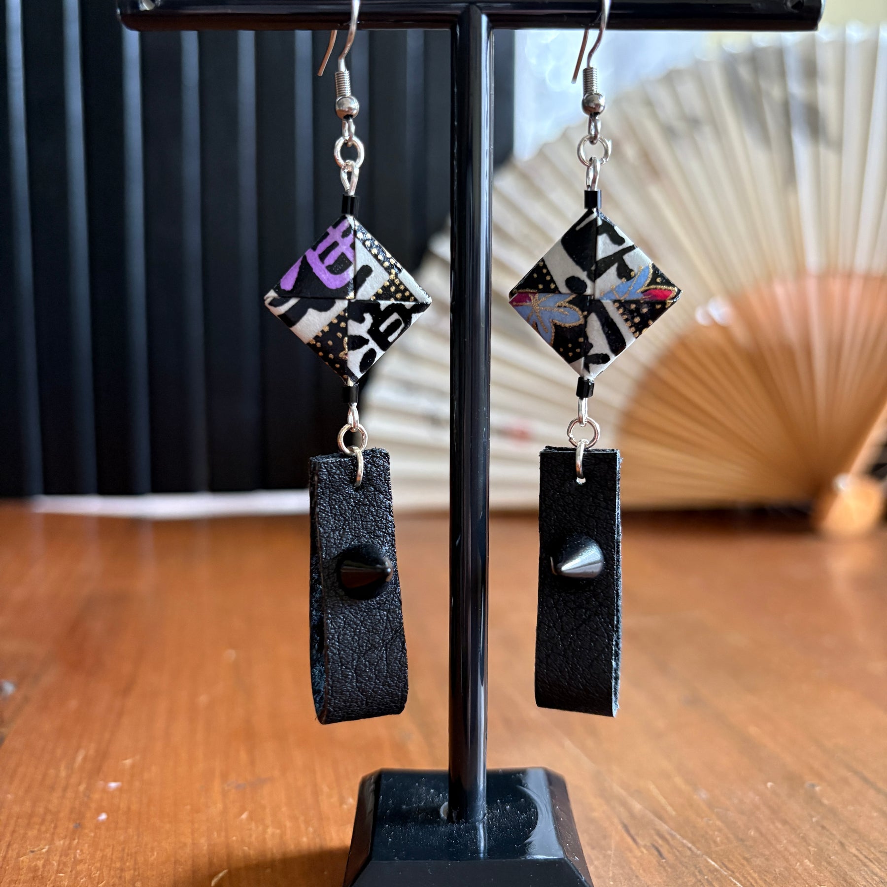 Checkerboard Japanese Paper and Leather Earrings
