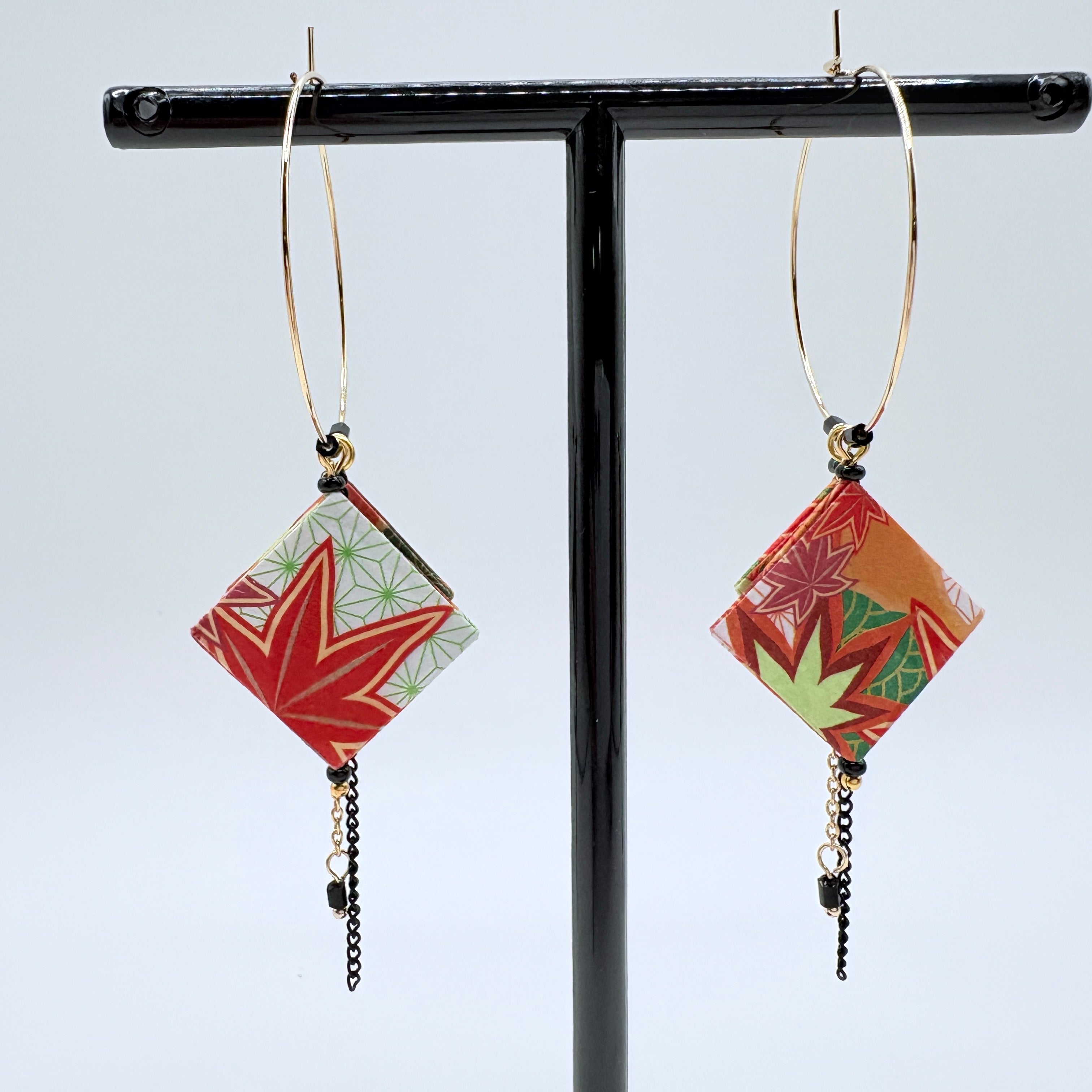 Autumn Leaves Origami Hoop Earrings – Japanese Paper – Gold Hoop Dangles
