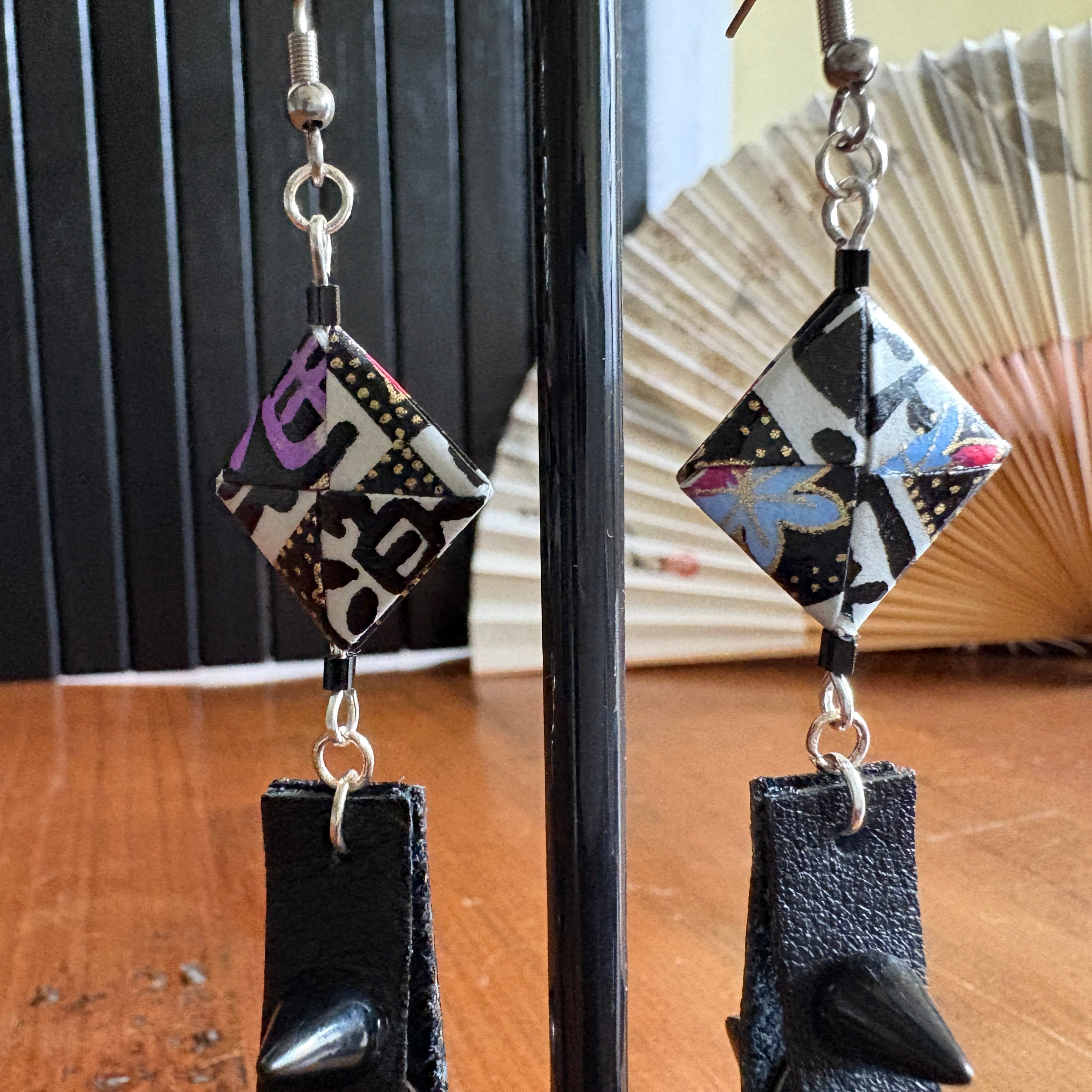 Checkerboard Japanese Paper and Leather Earrings