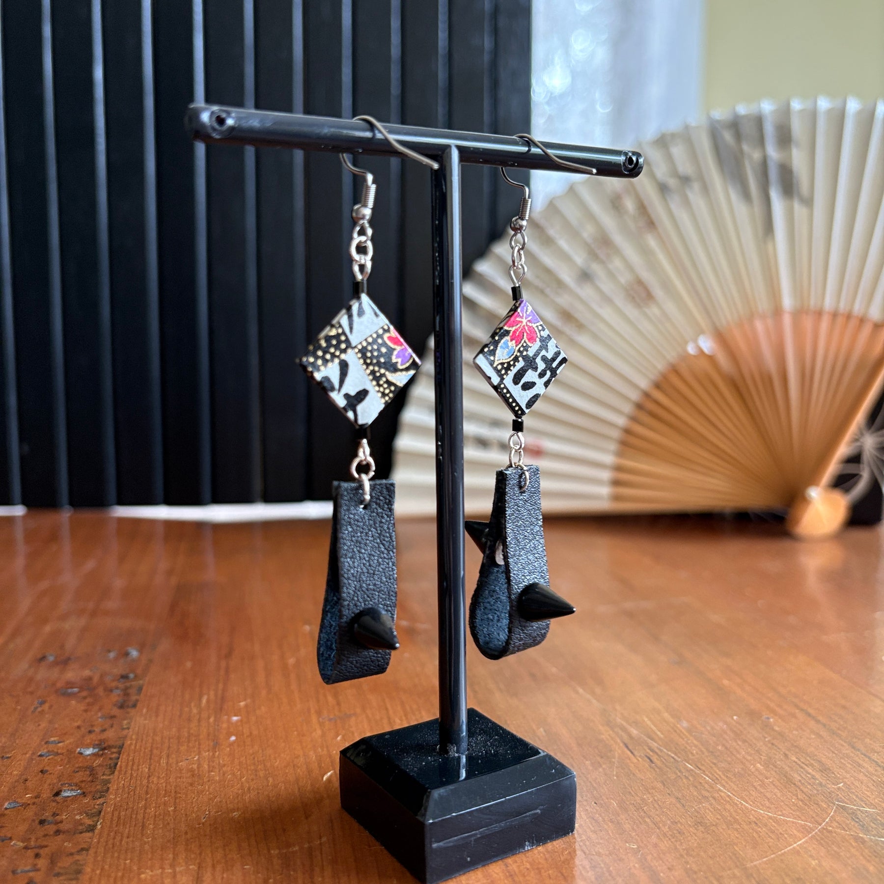 Checkerboard Japanese Paper and Leather Earrings