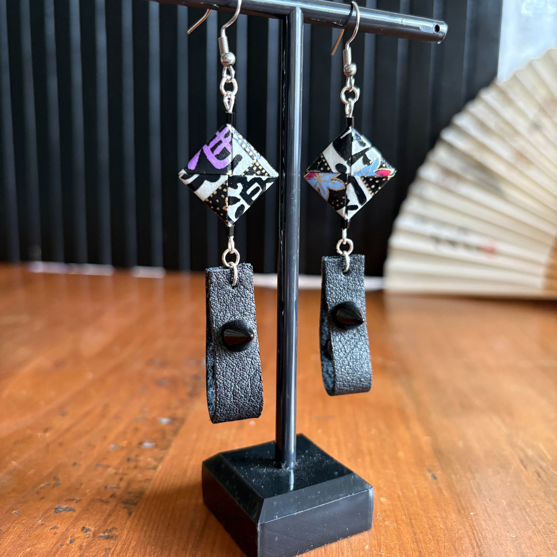 Checkerboard Japanese Paper and Leather Earrings