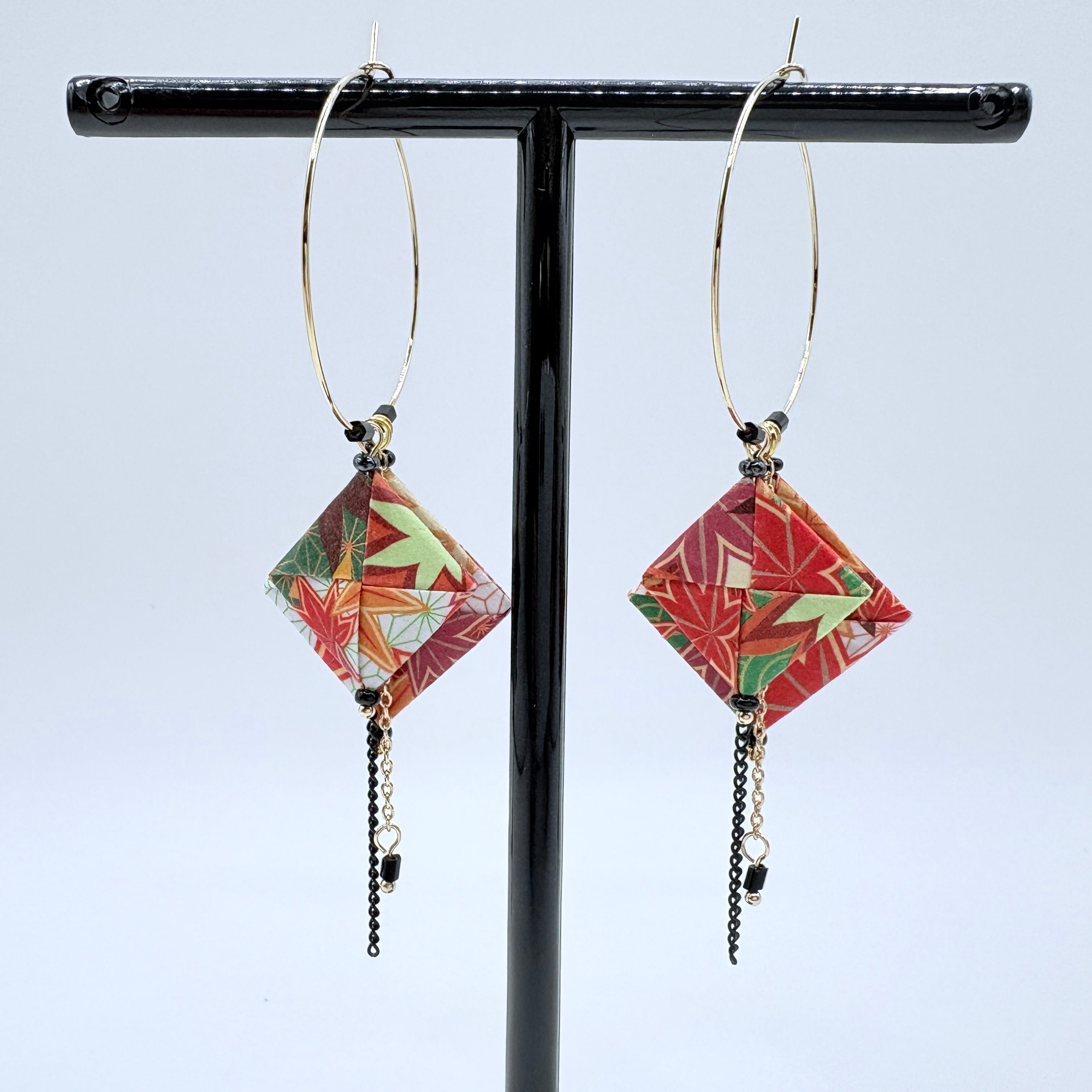Autumn Leaves Origami Hoop Earrings – Japanese Paper – Gold Hoop Dangles