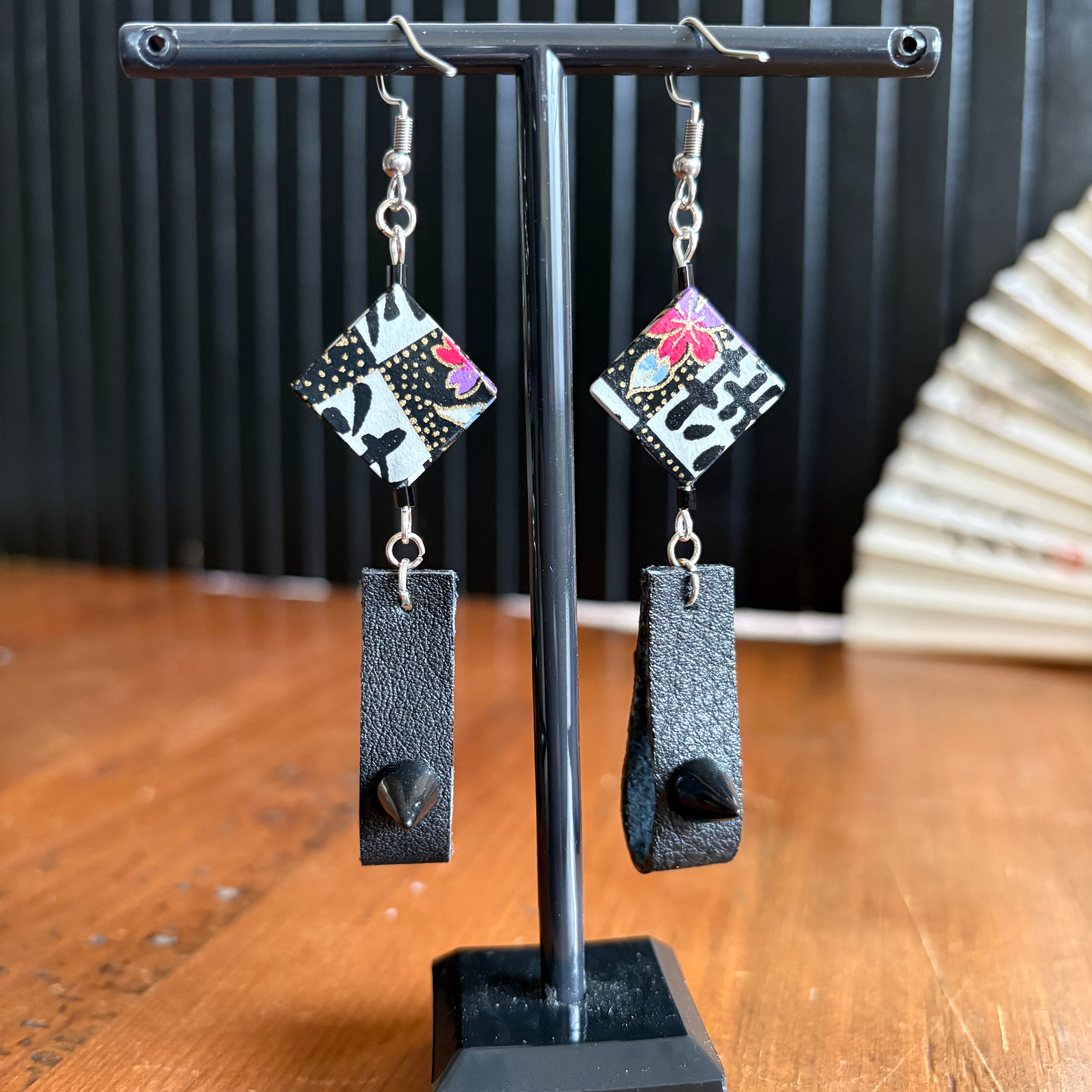 Checkerboard Japanese Paper and Leather Earrings