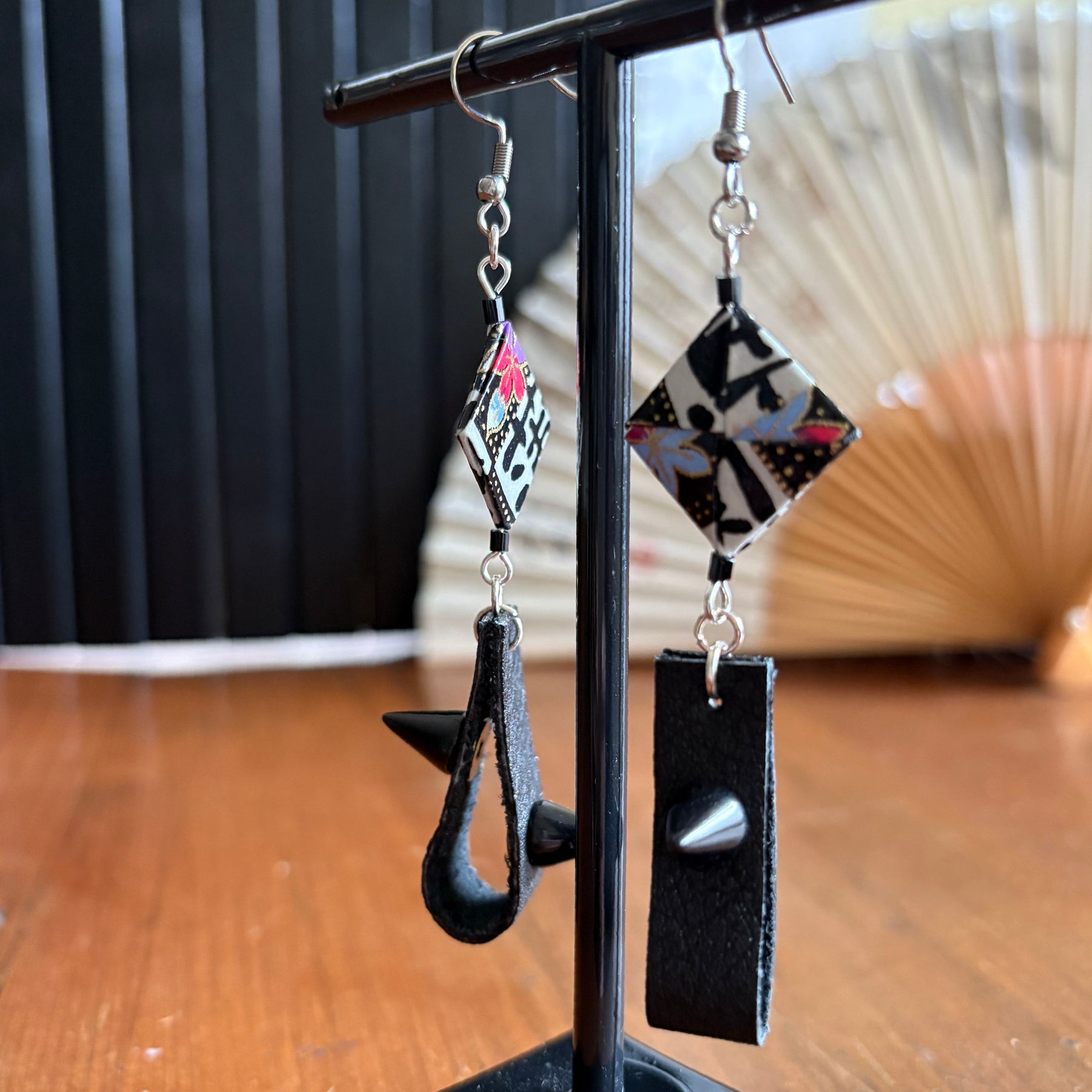 Checkerboard Japanese Paper and Leather Earrings