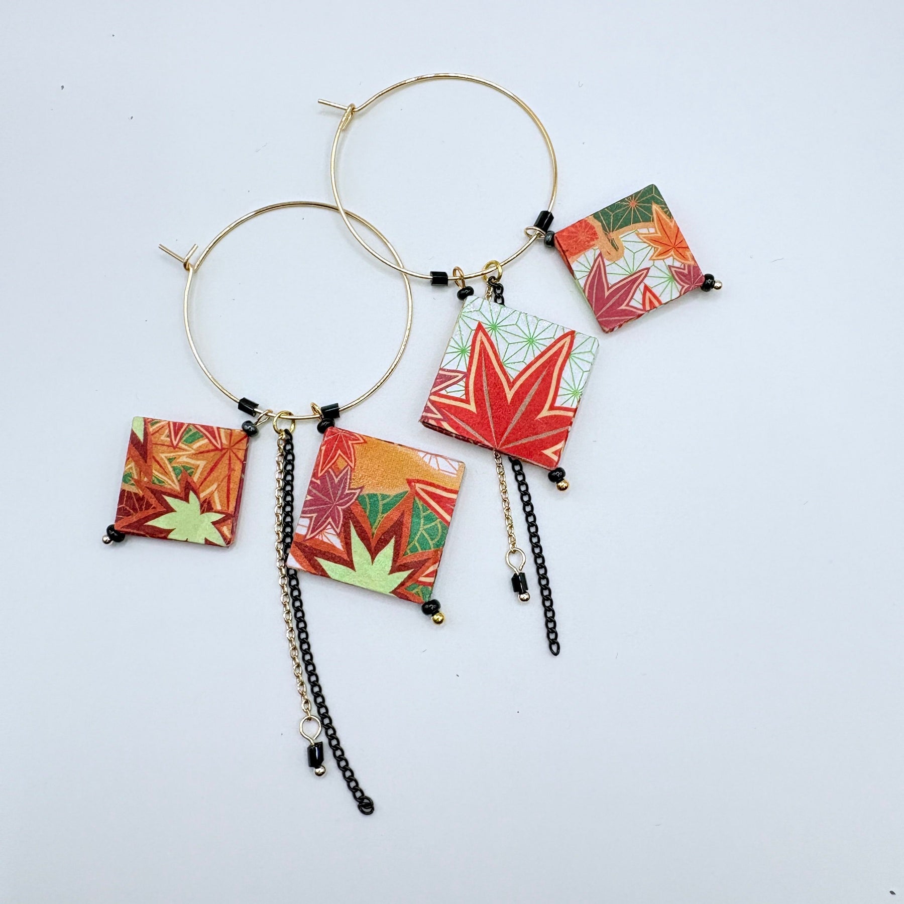Autumn Leaves Origami Hoop Earrings – Japanese Paper – Gold Hoop Dangles