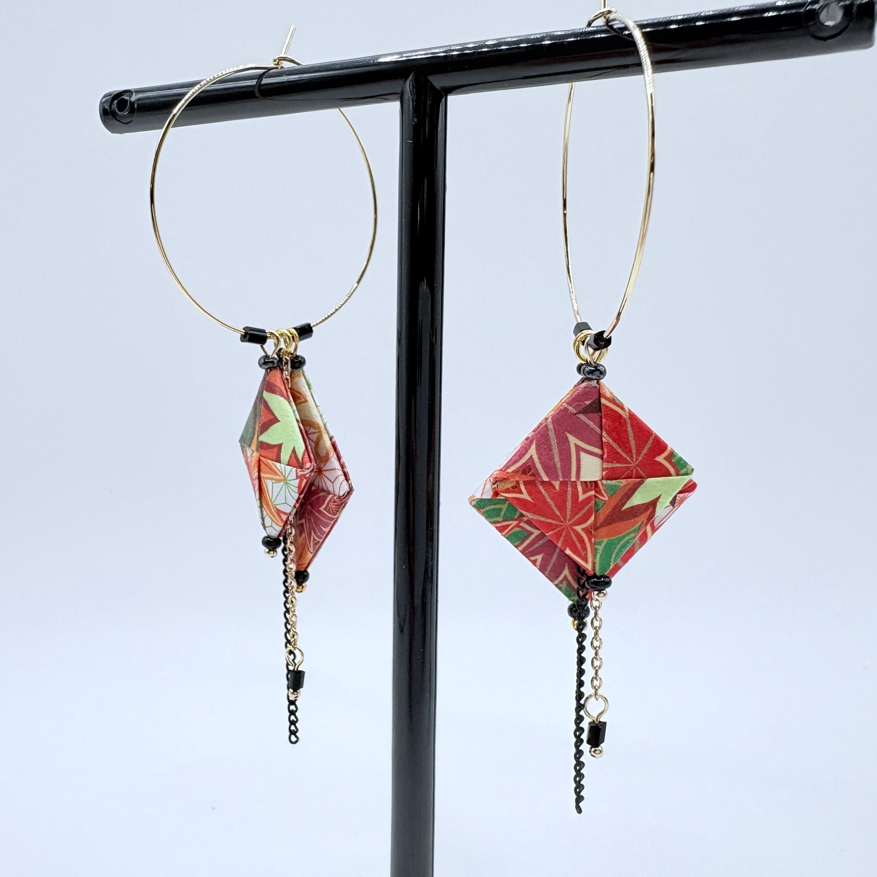 Autumn Leaves Origami Hoop Earrings – Japanese Paper – Gold Hoop Dangles