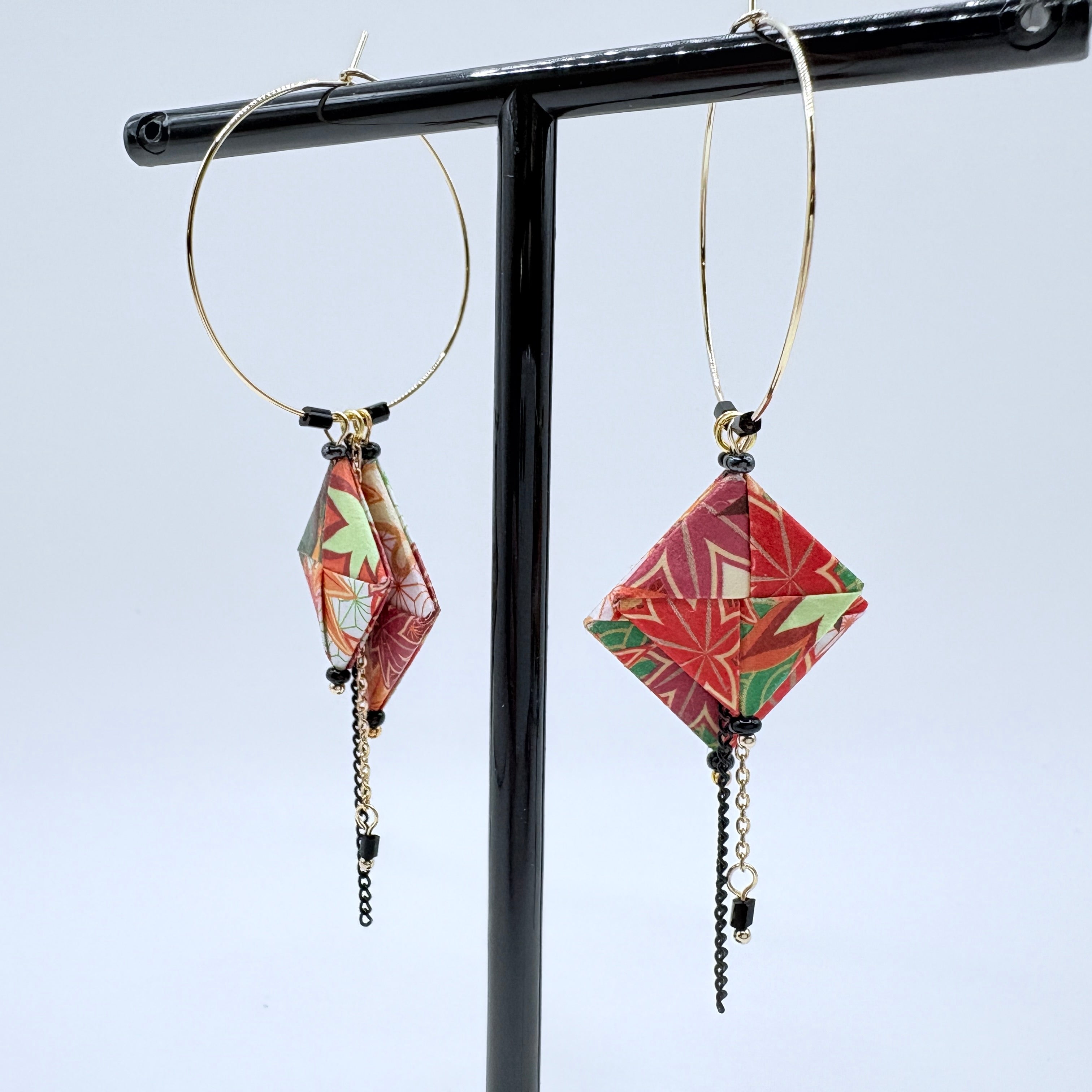 Autumn Leaves Origami Hoop Earrings – Japanese Paper – Gold Hoop Dangles