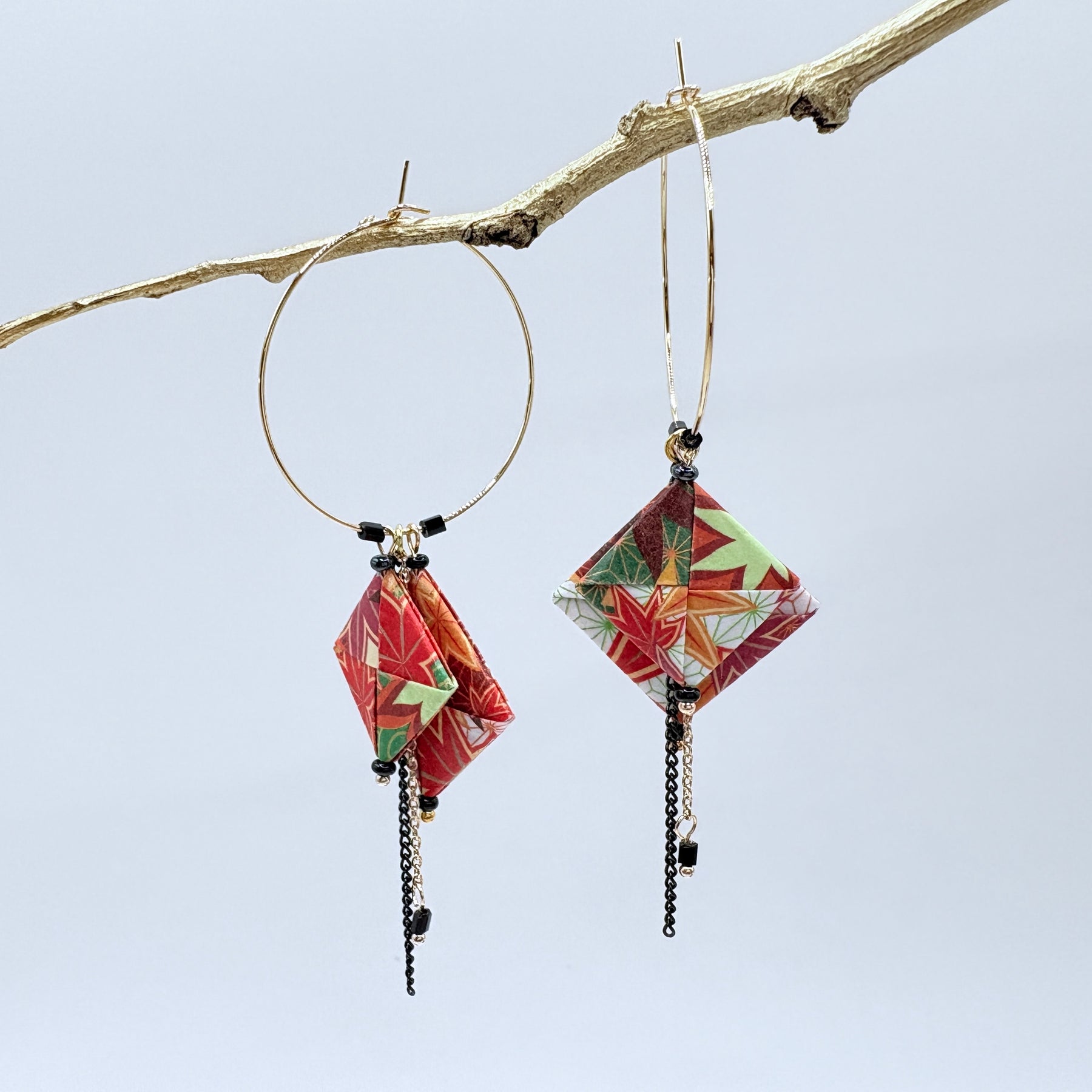Autumn Leaves Origami Hoop Earrings – Japanese Paper – Gold Hoop Dangles