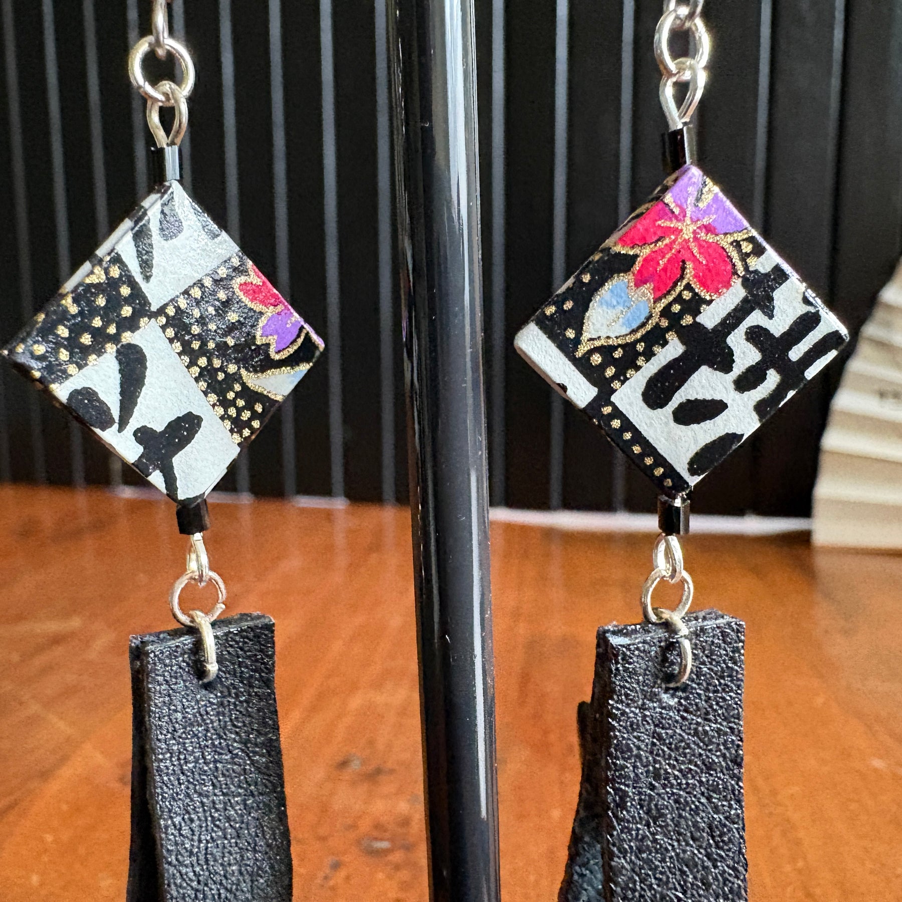 Checkerboard Japanese Paper and Leather Earrings