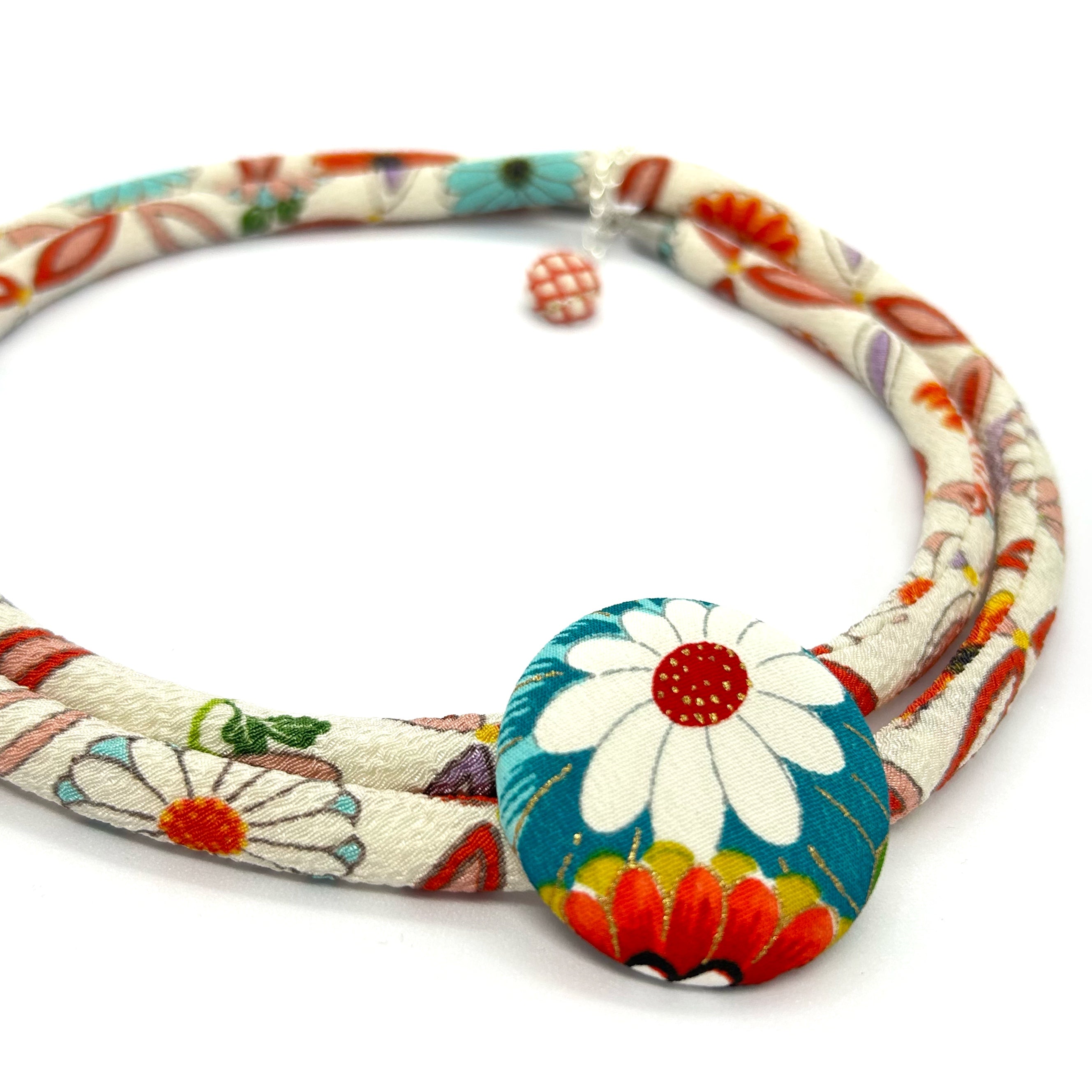 Kimono Cord Necklace - Aqua and Red Blossom