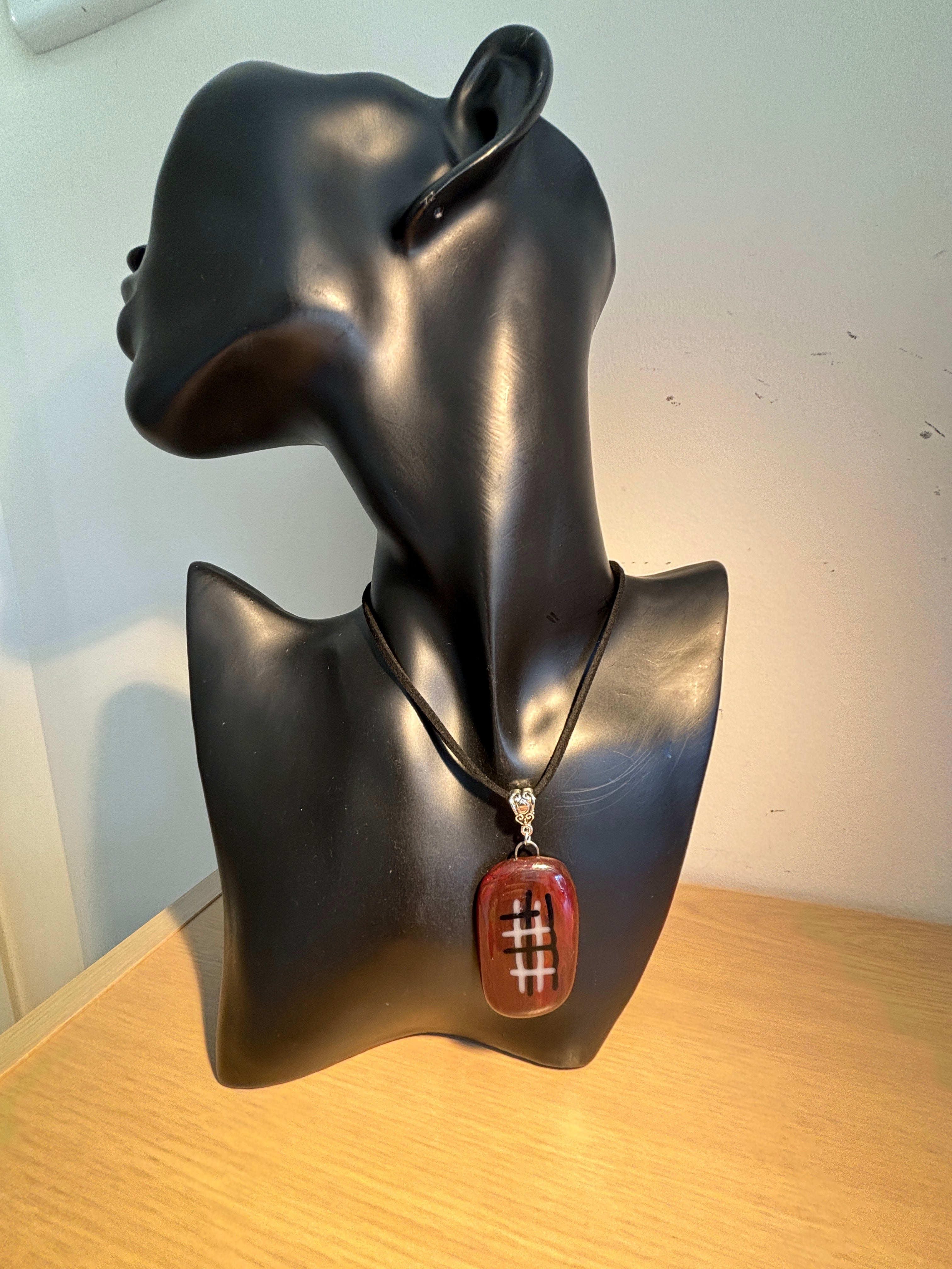 Fused Glass Pendant Necklace - Black & Grey Checks on a Moroon Background