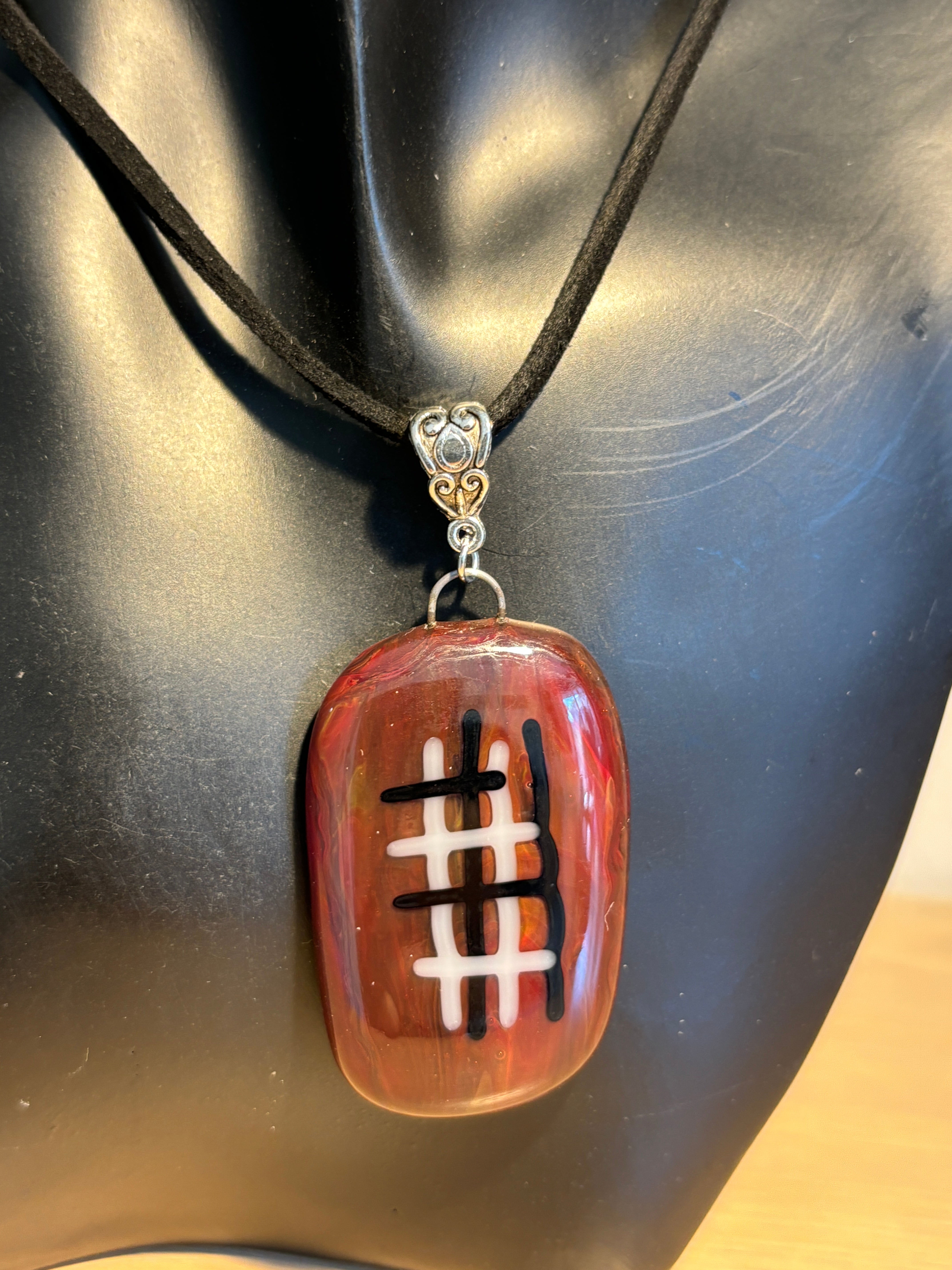 Fused Glass Pendant Necklace - Black & Grey Checks on a Moroon Background