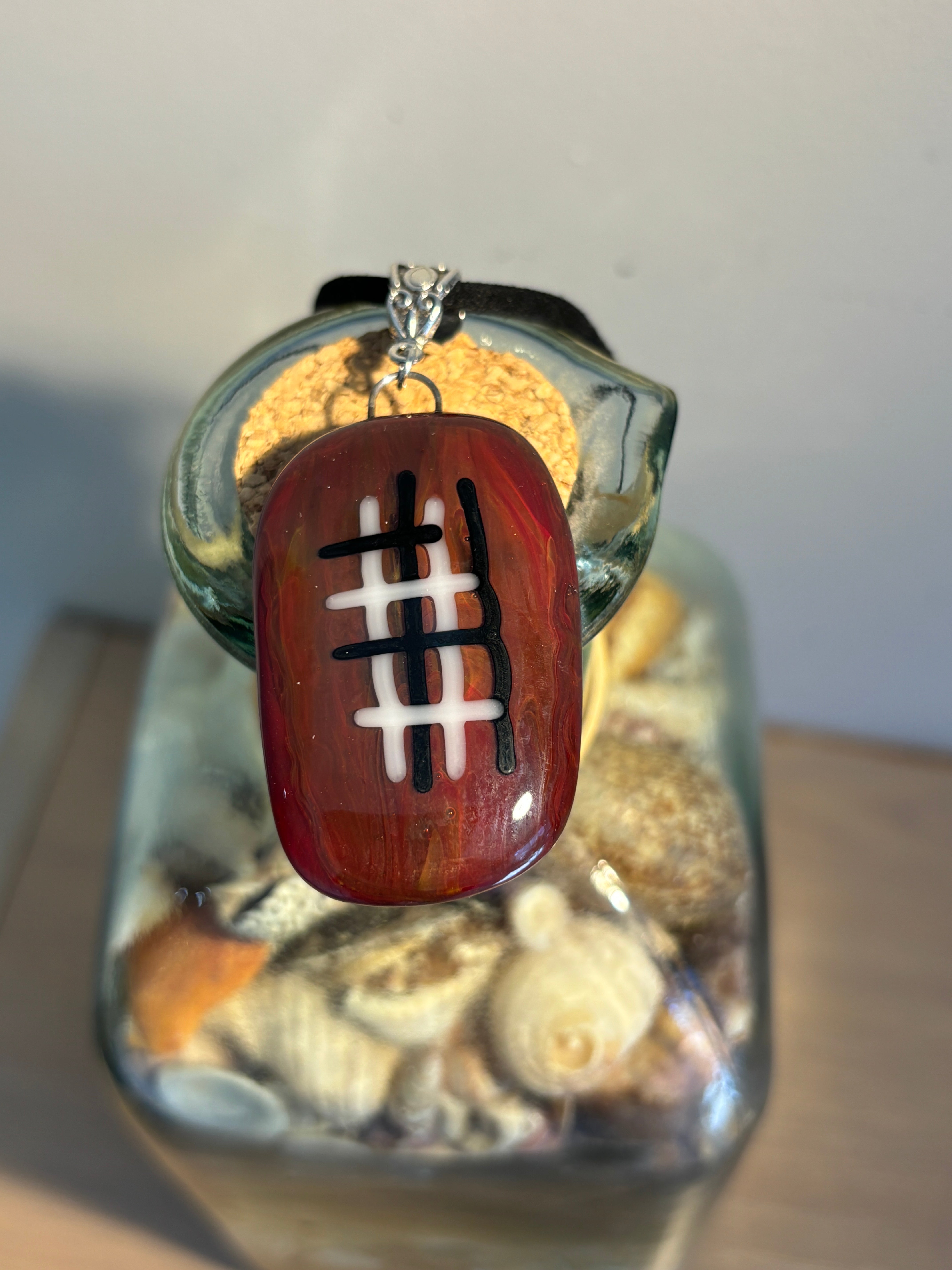 Fused Glass Pendant Necklace - Black & Grey Checks on a Moroon Background