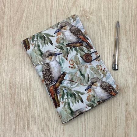 Australian kookaburra refillable A5 fabric notebook cover gift set - Incl. book and pen.