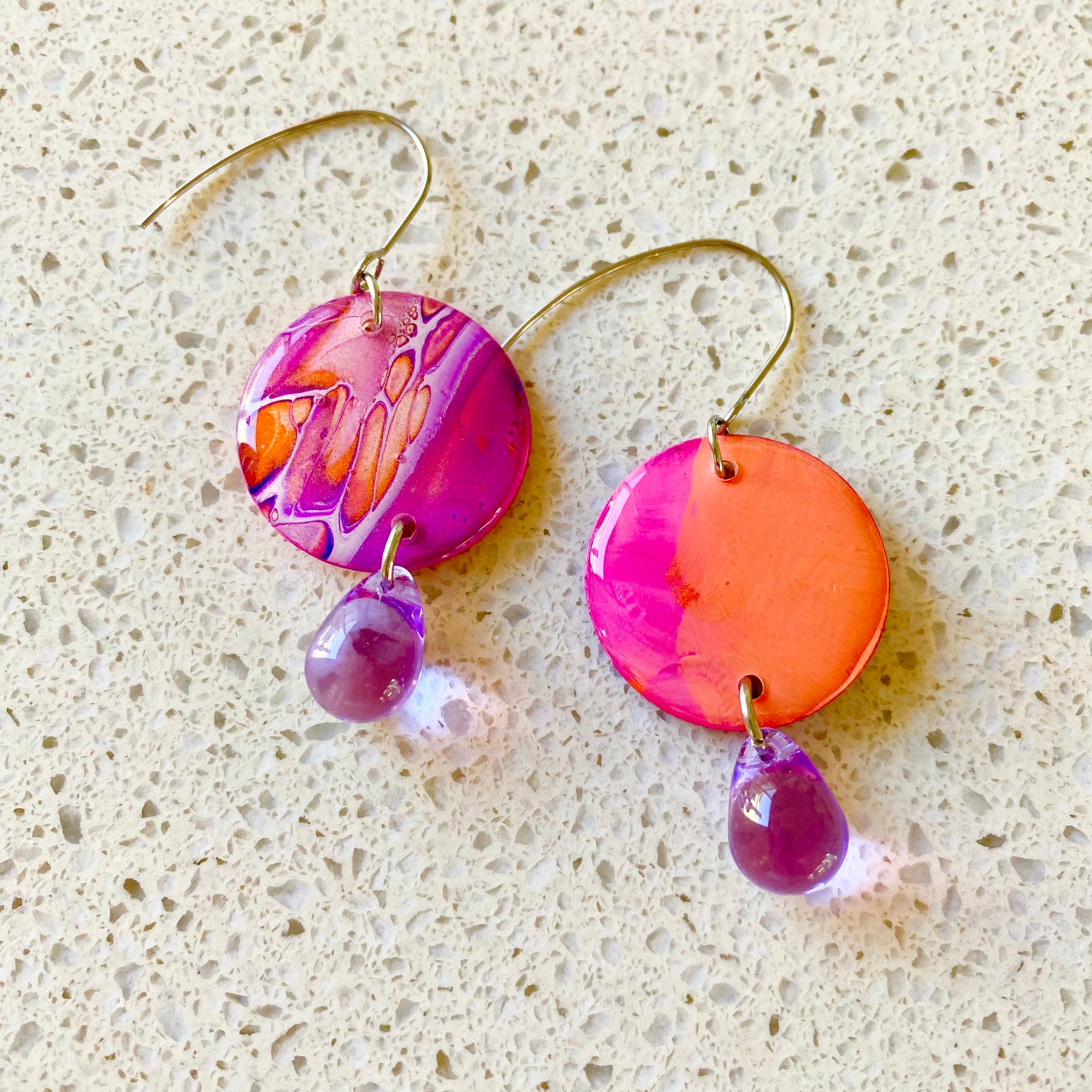 Pink Purple Orange Hand Painted Earrings