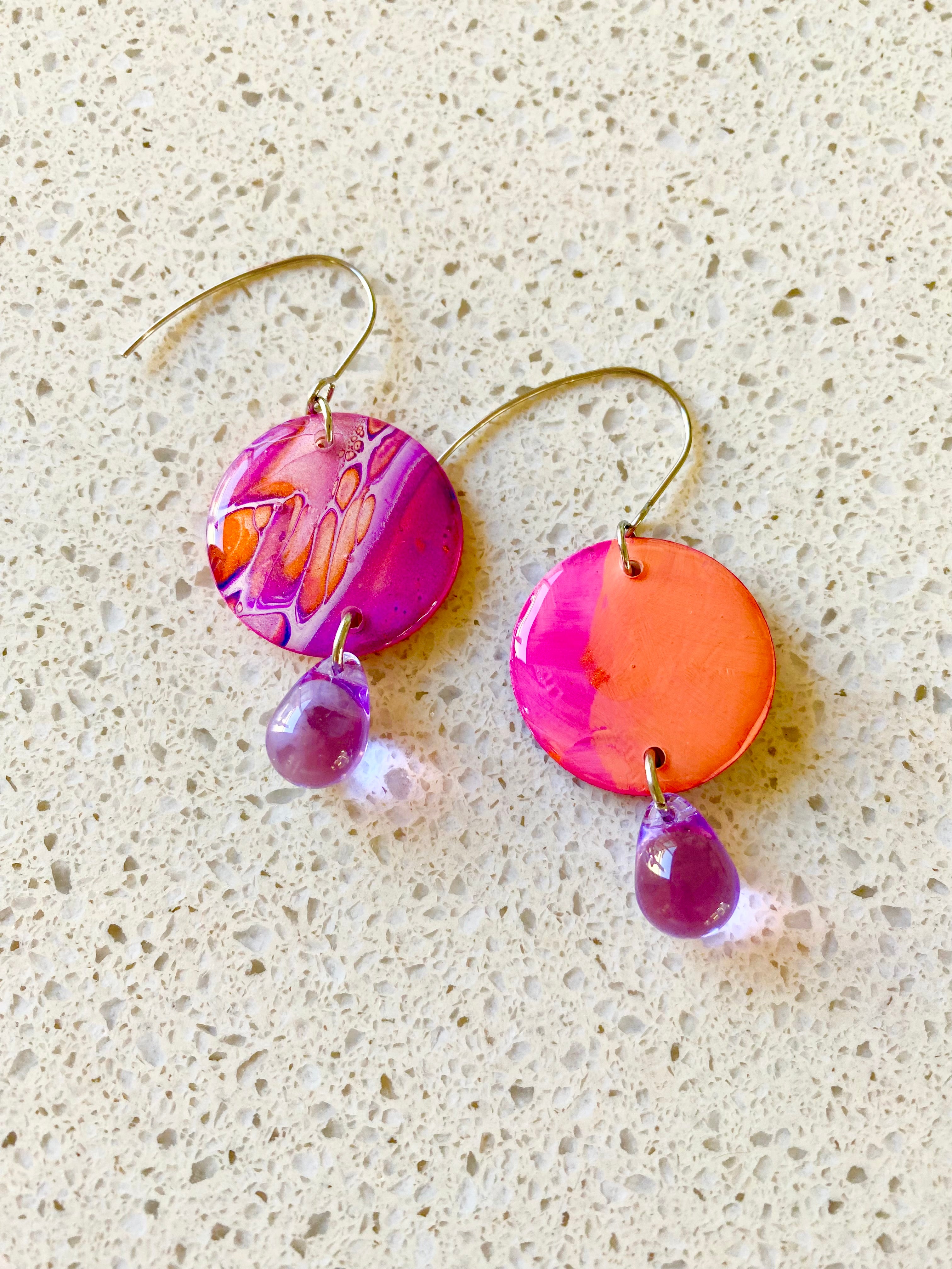 Pink Purple Orange Hand Painted Earrings
