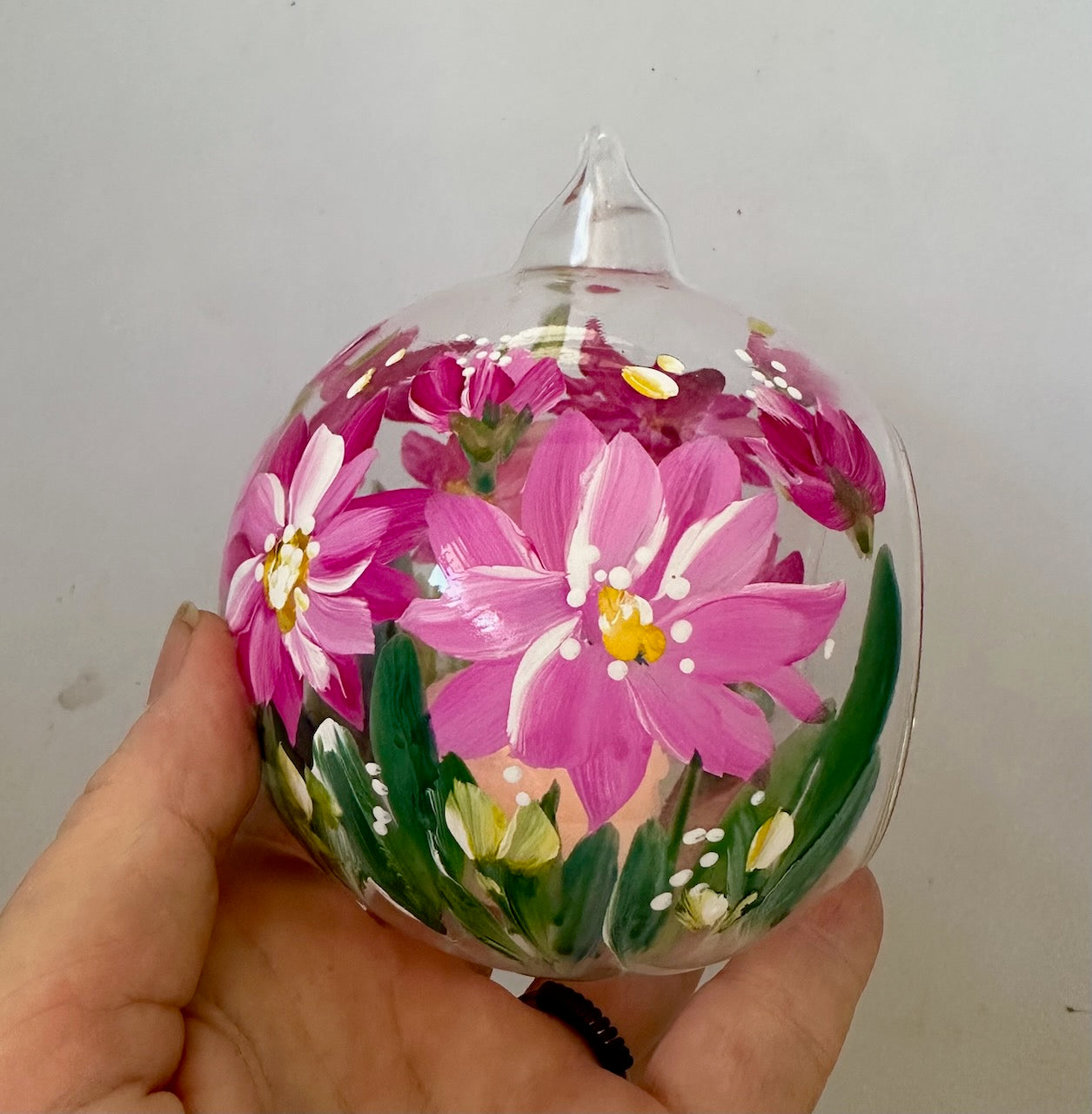 Glass Hanging Candle Holder Hand Painted With Pink Blooms