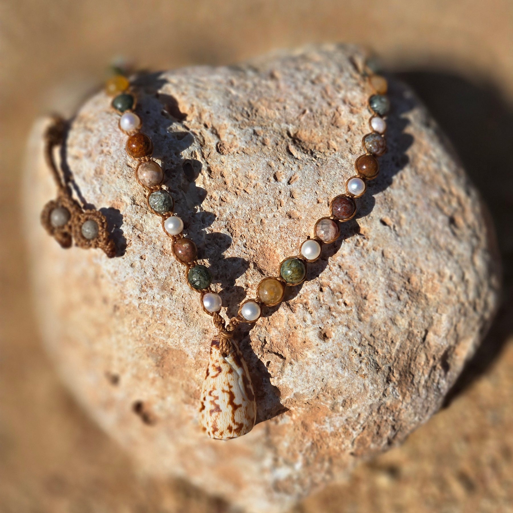 Cone Shell with Rare Ocean Agate & Pearl Necklace