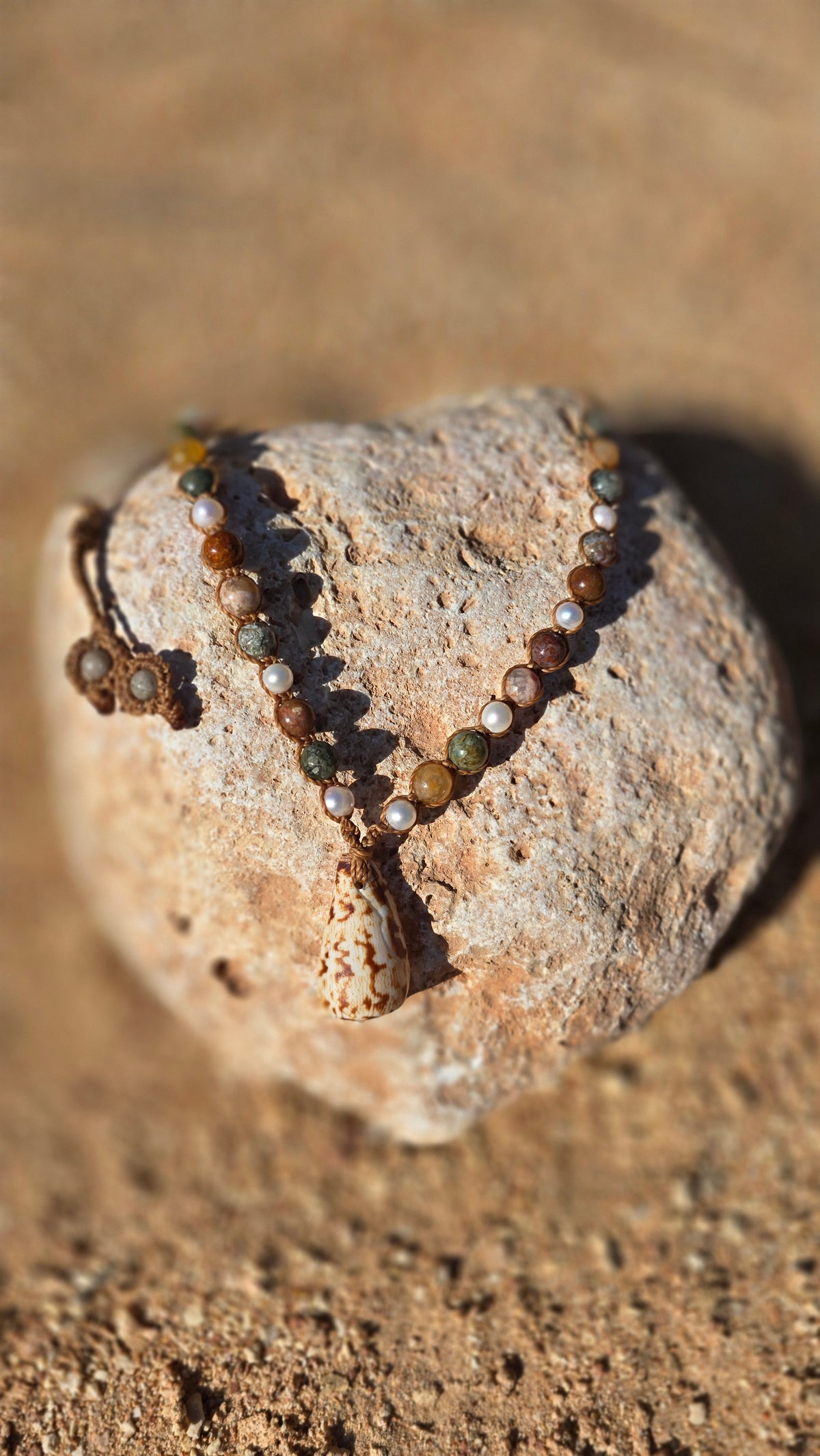 Cone Shell with Rare Ocean Agate & Pearl Necklace