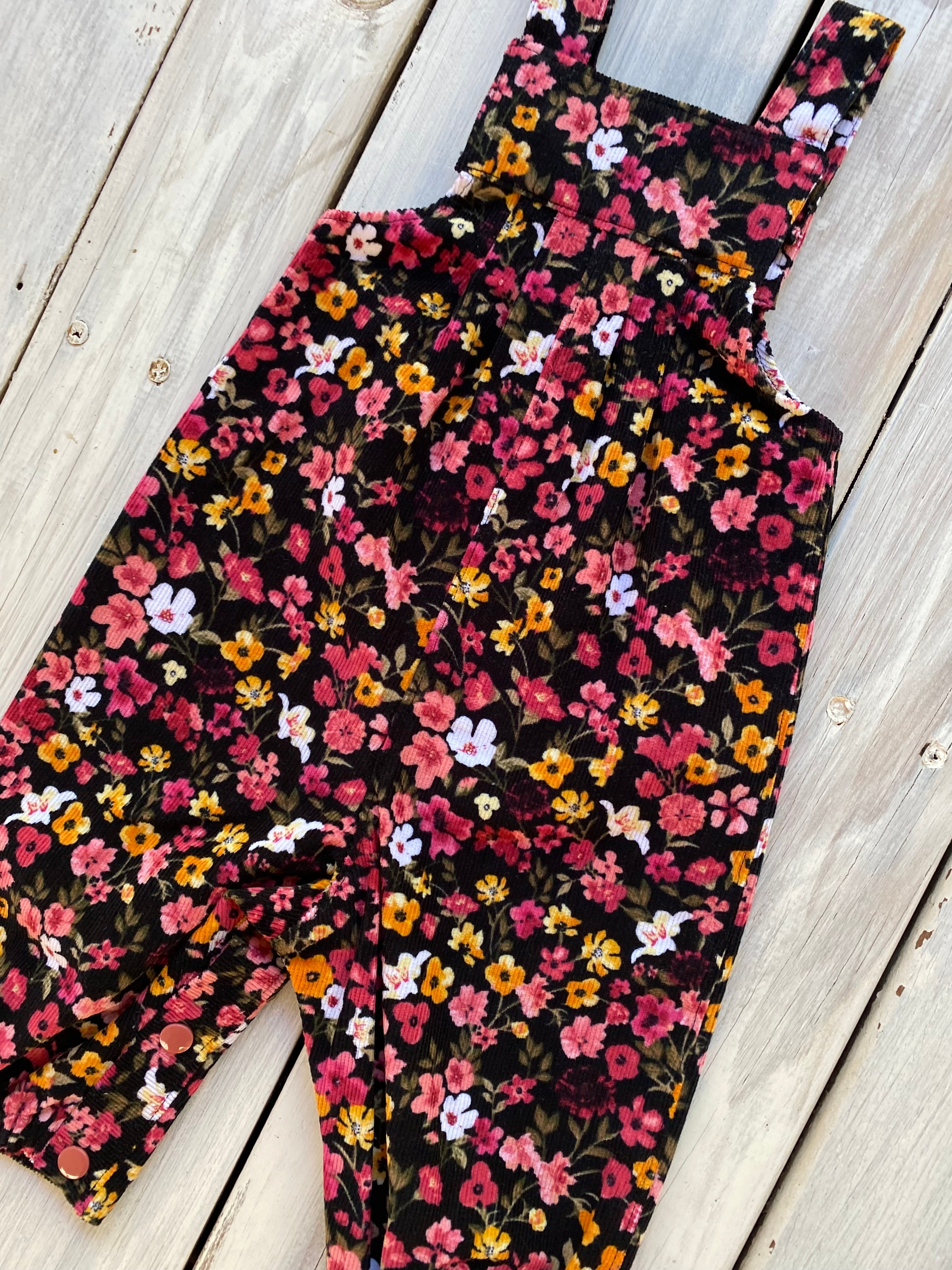 Corduroy Childs/Babies overalls pink/yellow floral multiple sizes