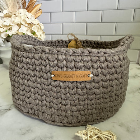 Neutral Beige Crocheted Basket with Handles
