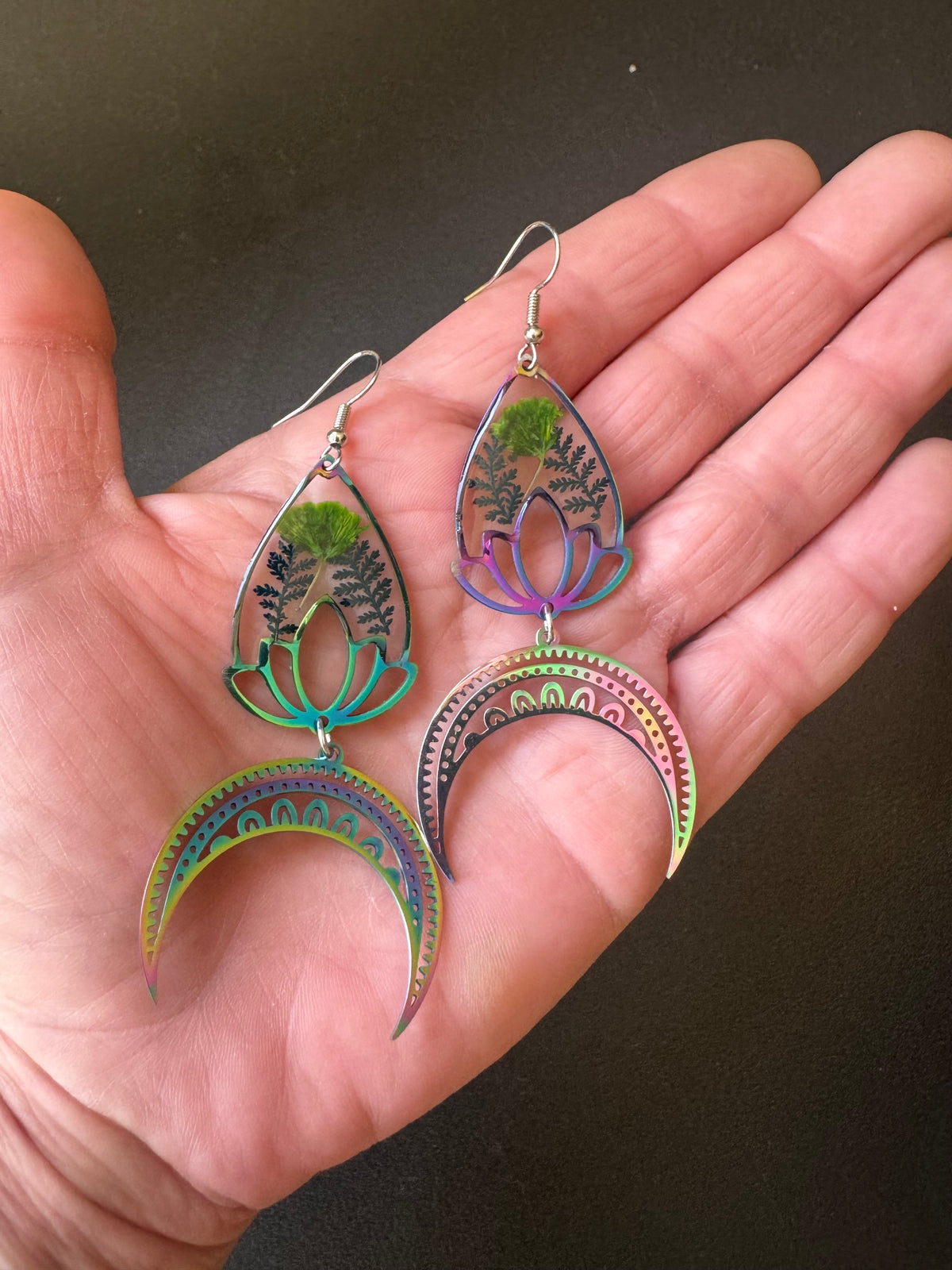 Iridescent rainbow resin earrings with pressed flowers