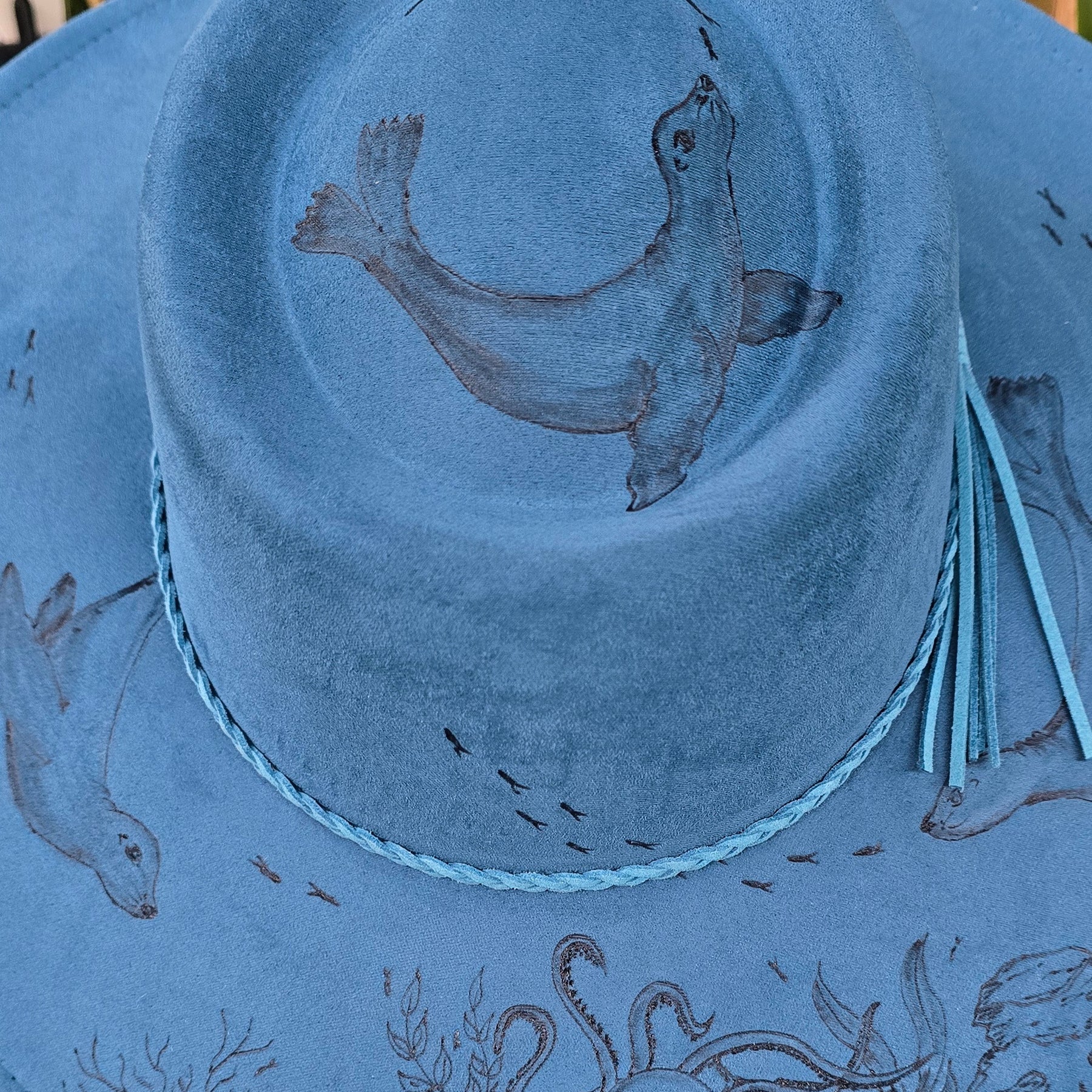 Sea Lion dance - hand burnt round top fedora