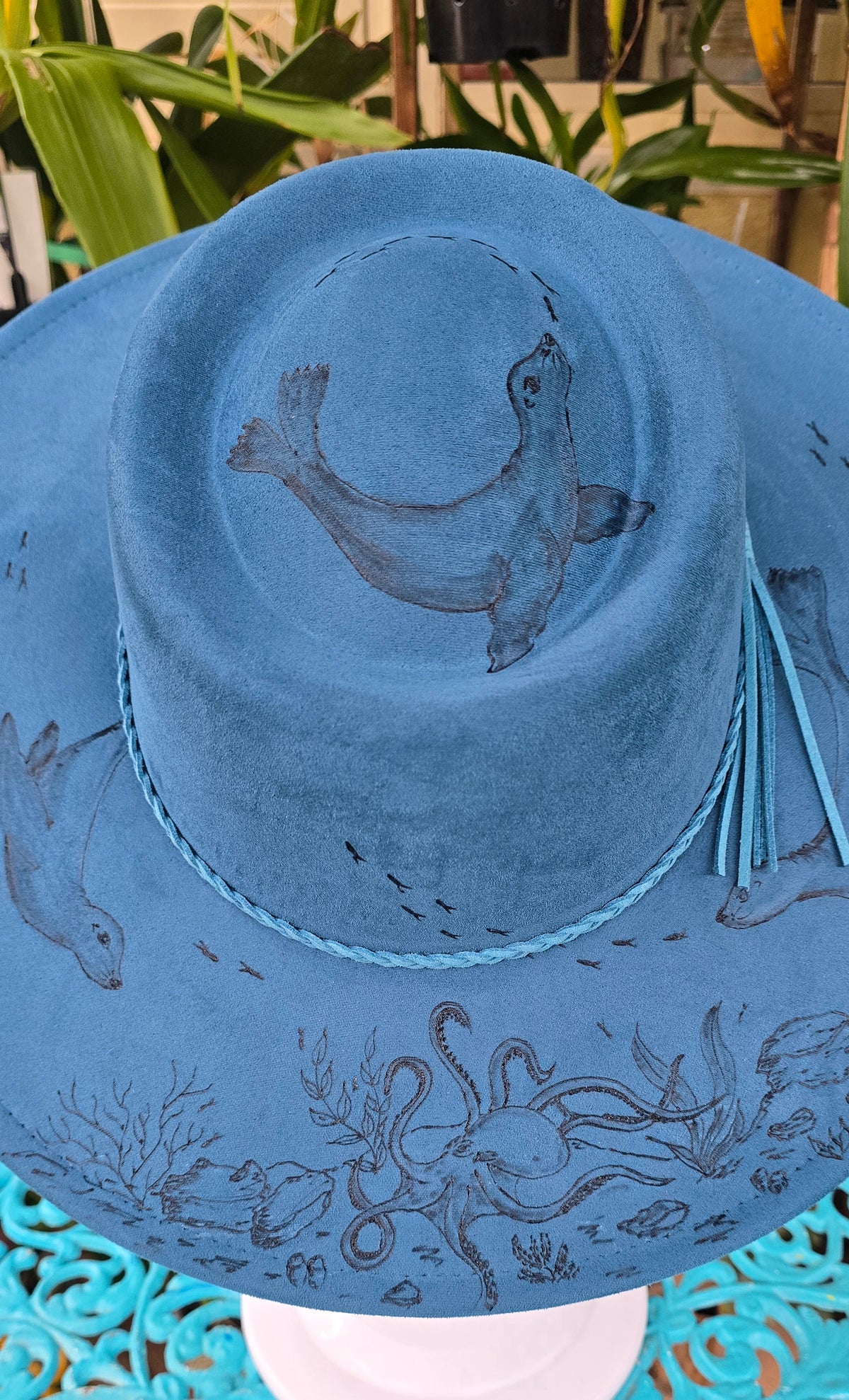 Sea Lion dance - hand burnt round top fedora
