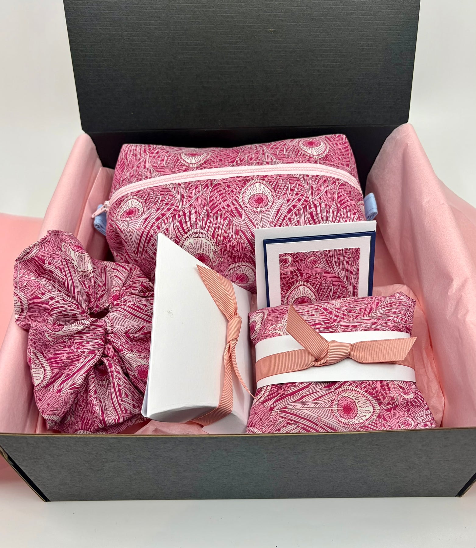 Liberty Fabric Luxury Handmade gift box including a zipper pouch, ear rings and scrunchie