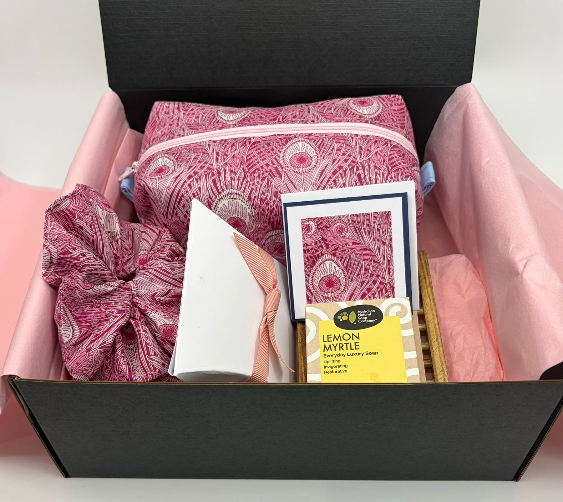 Liberty Fabric Luxury Handmade gift box including a zipper pouch, ear rings and scrunchie