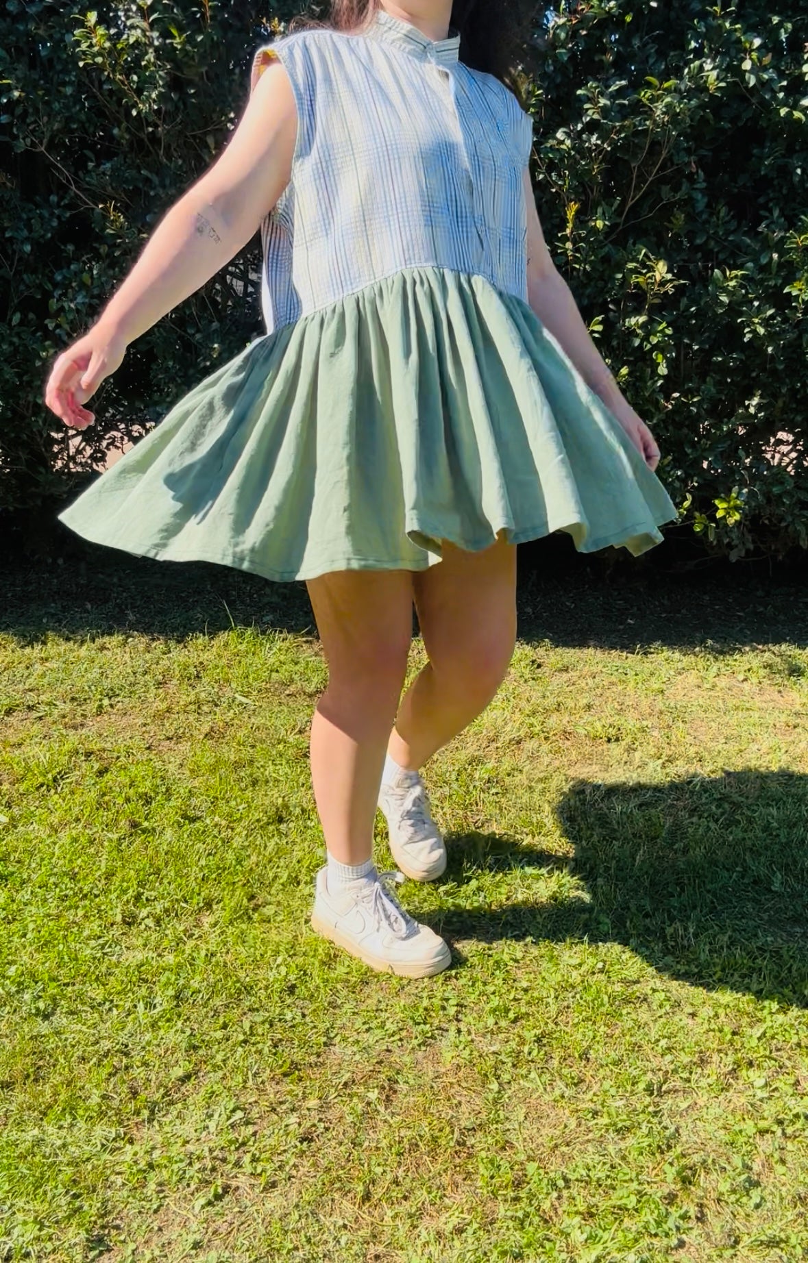 Upcycled Shirt Dress | Multi Colour Crosshatch & Green