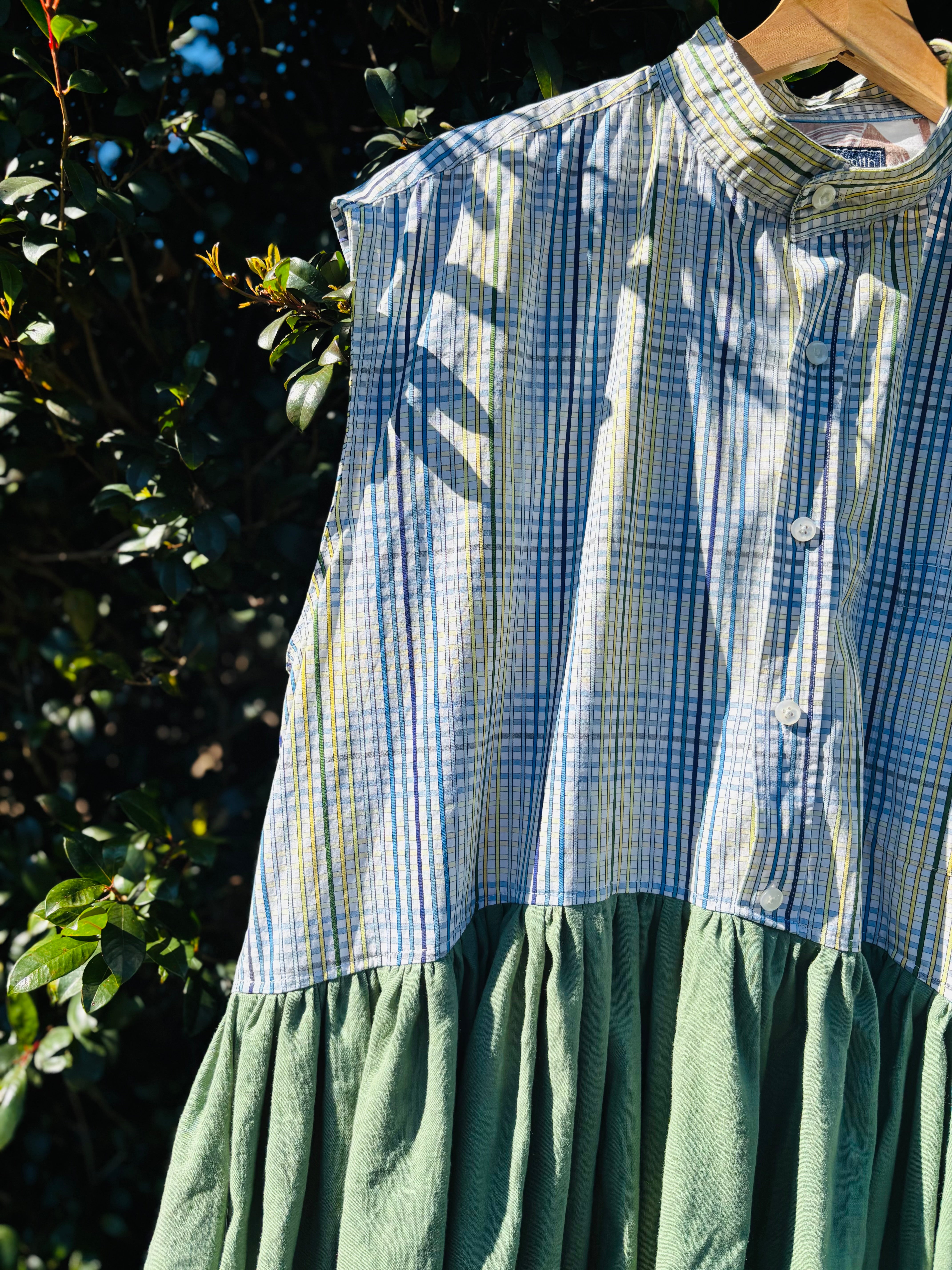 Upcycled Shirt Dress | Multi Colour Crosshatch & Green