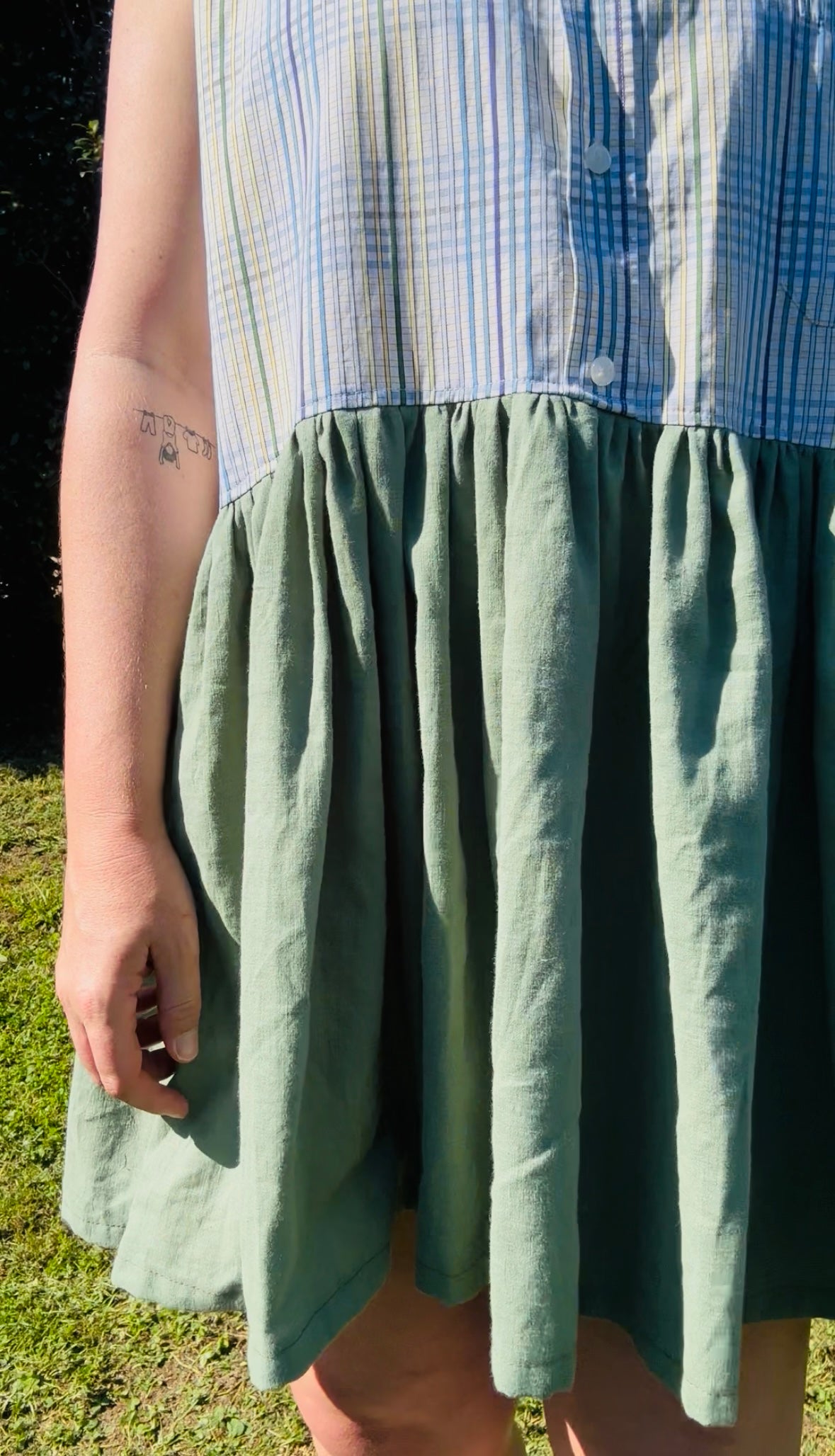 Upcycled Shirt Dress | Multi Colour Crosshatch & Green