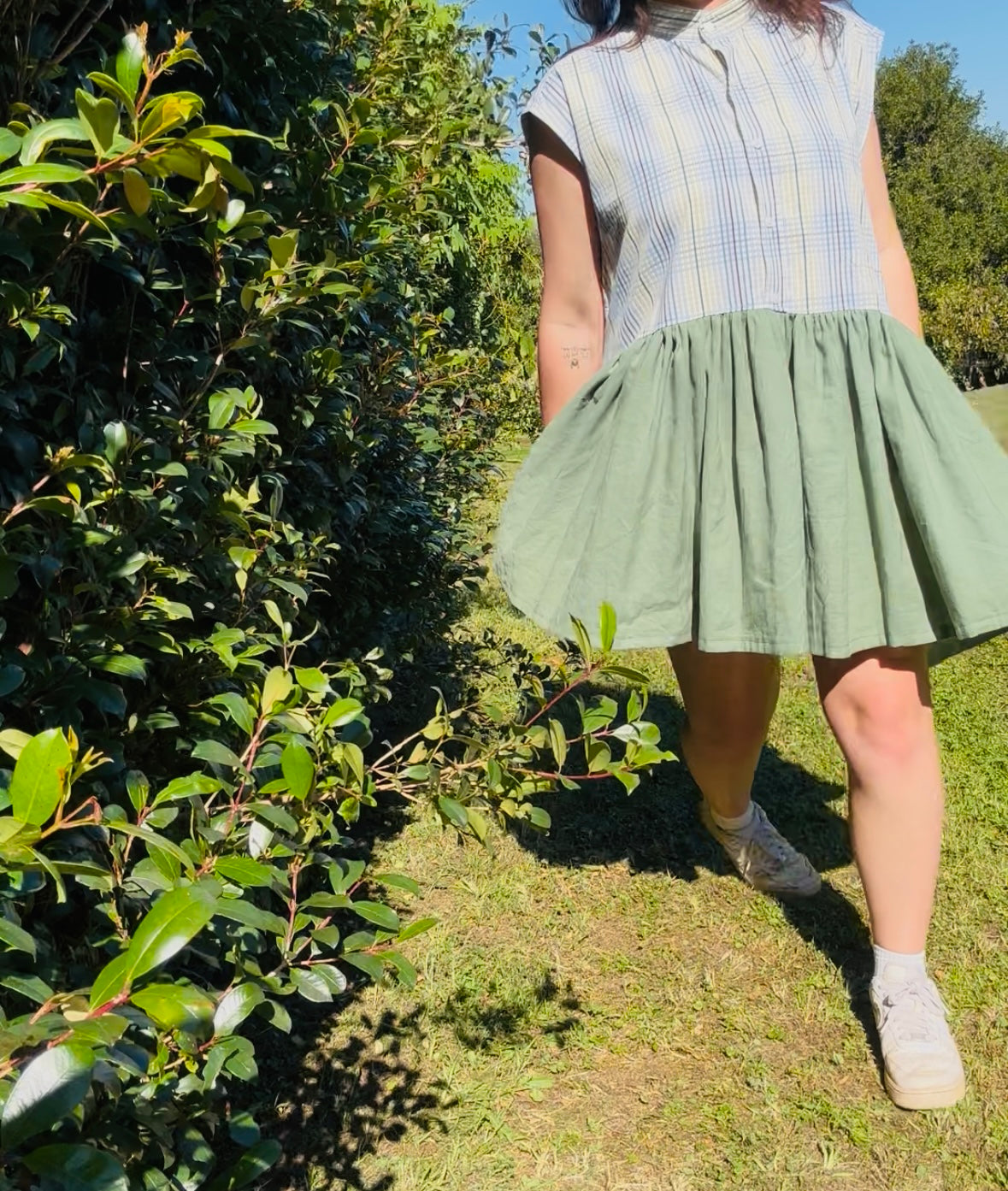 Upcycled Shirt Dress | Multi Colour Crosshatch & Green