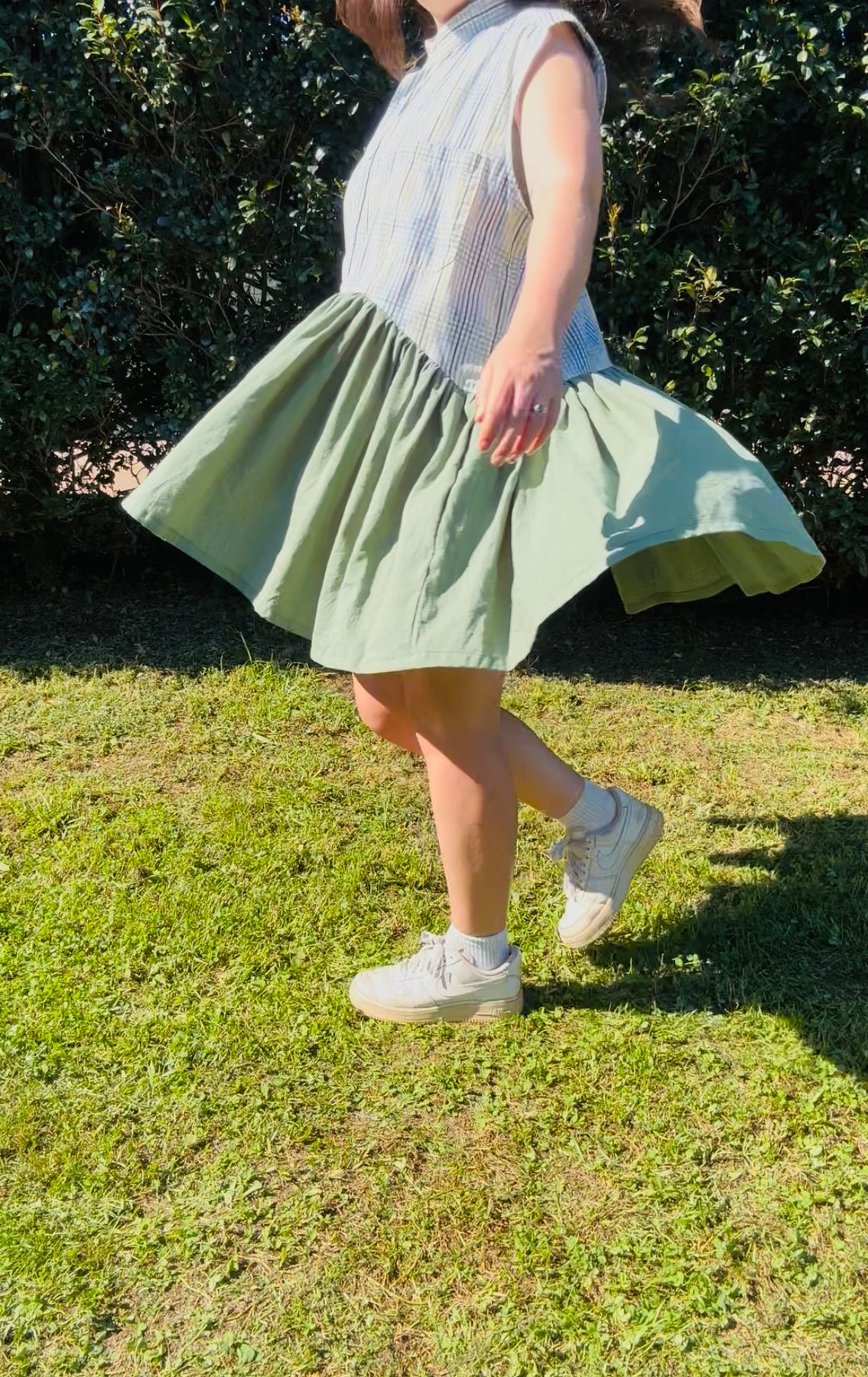 Upcycled Shirt Dress | Multi Colour Crosshatch & Green