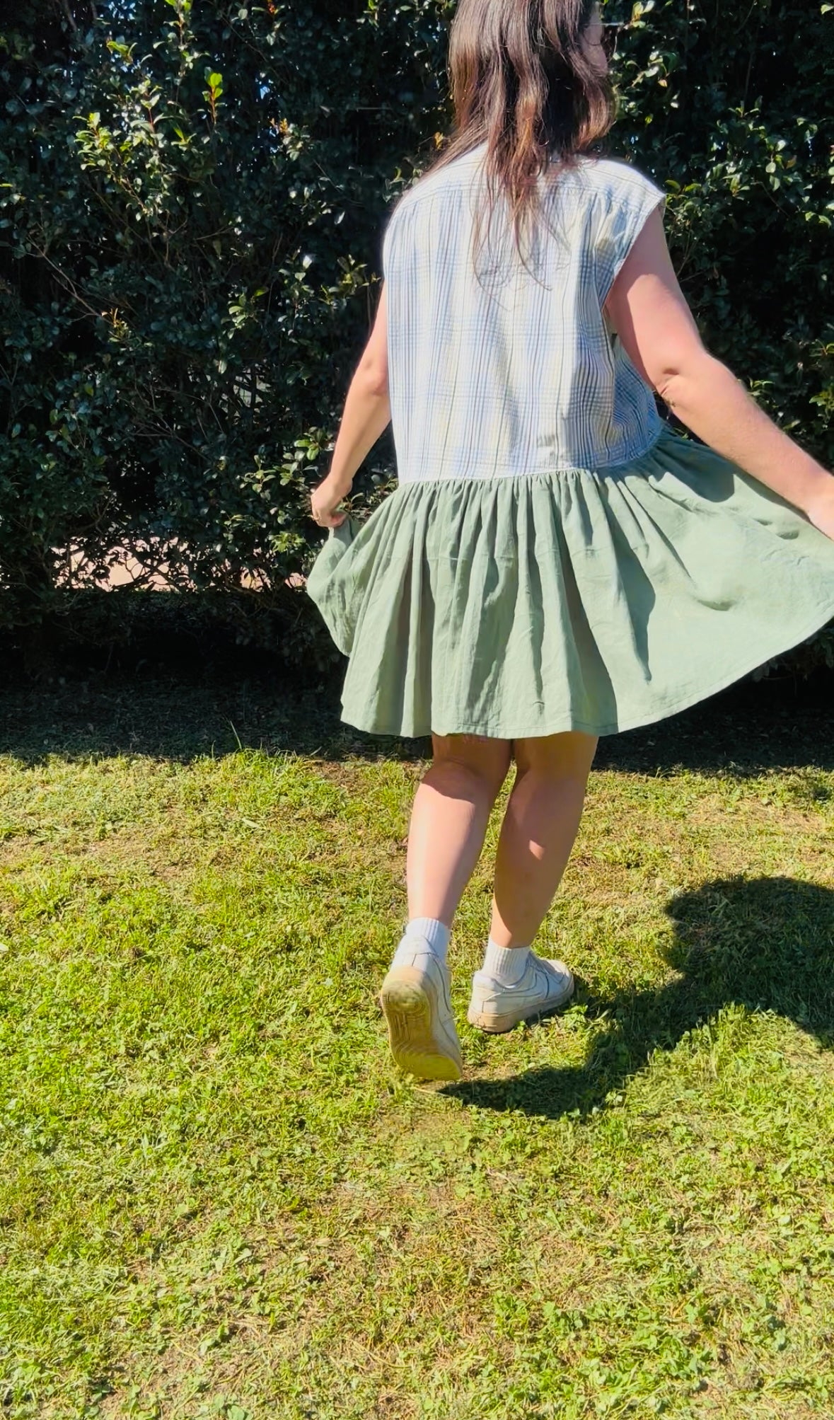 Upcycled Shirt Dress | Multi Colour Crosshatch & Green