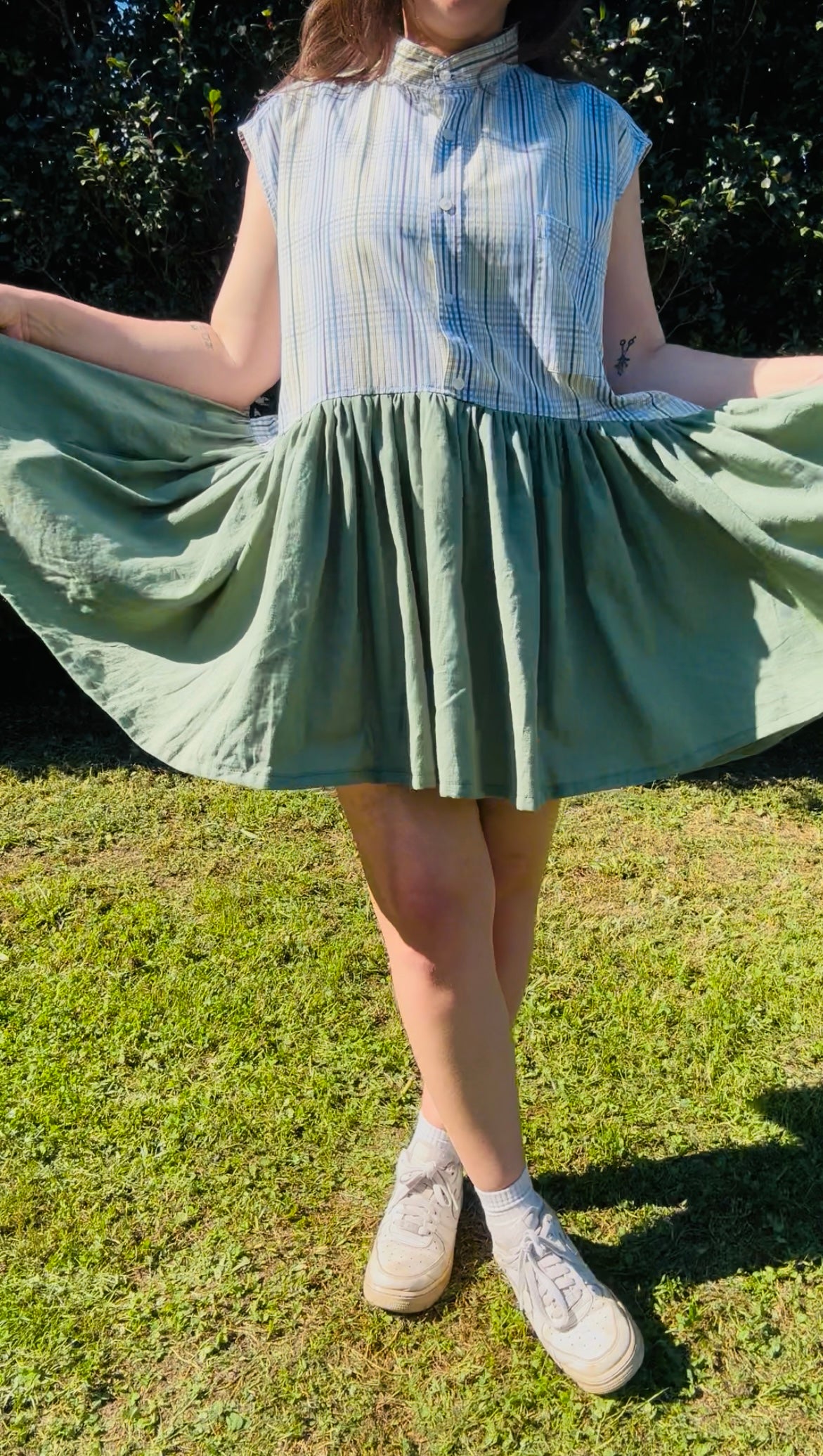 Upcycled Shirt Dress | Multi Colour Crosshatch & Green