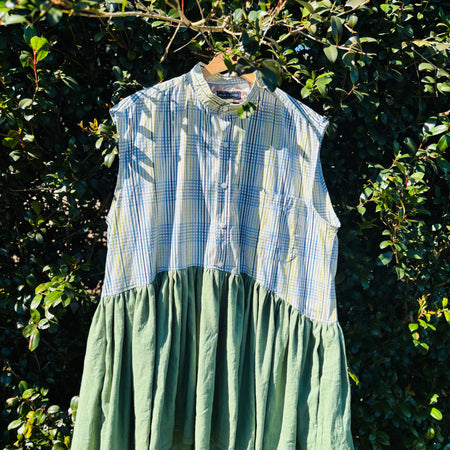Upcycled Shirt Dress | Multi Colour Crosshatch & Green