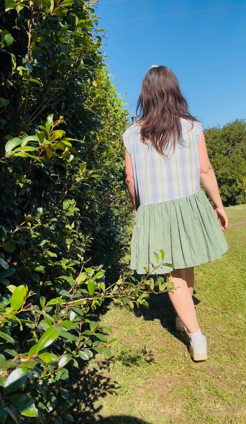 Upcycled Shirt Dress | Multi Colour Crosshatch & Green