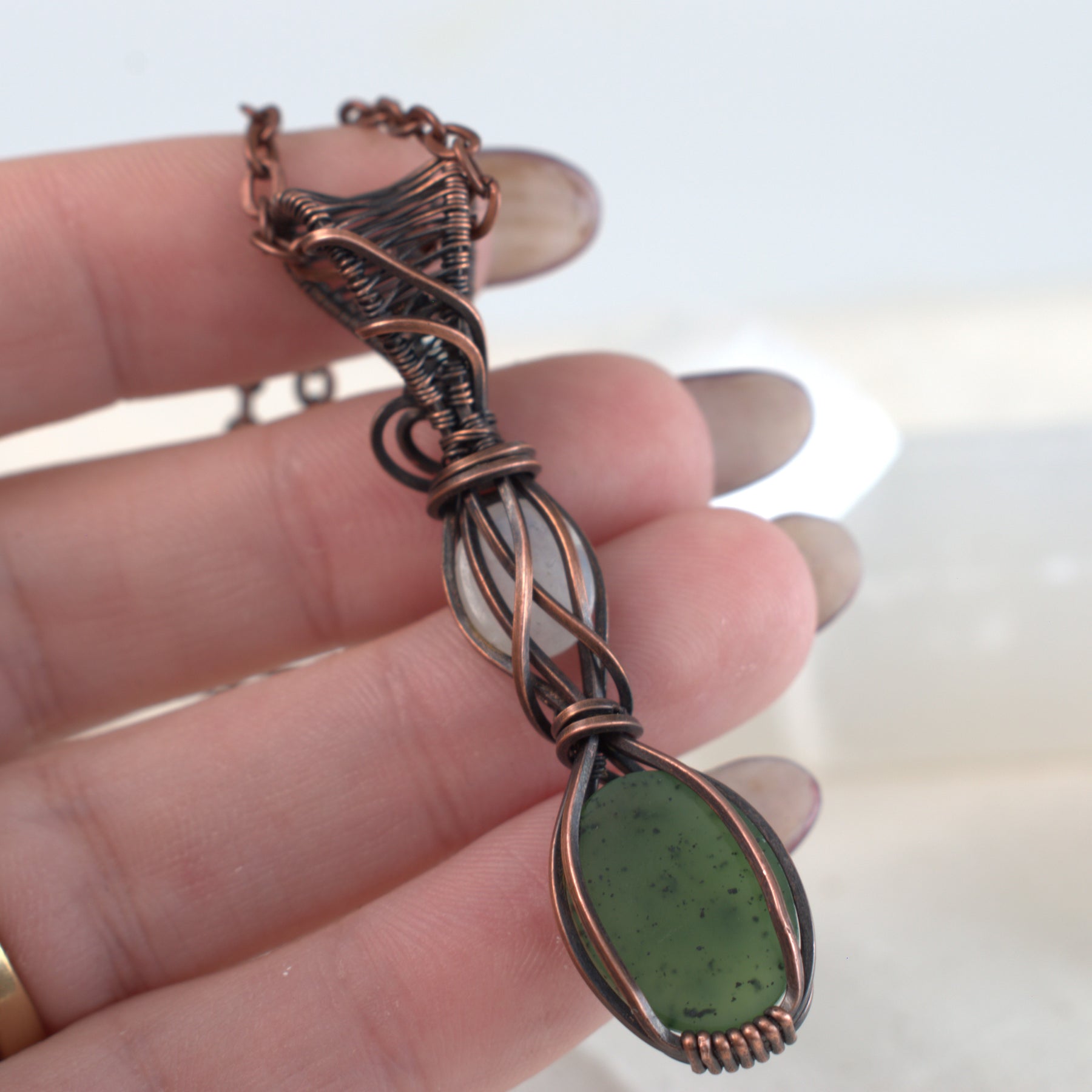 Moonlit Grove – Nephrite & Rainbow Moonstone Copper Pendant