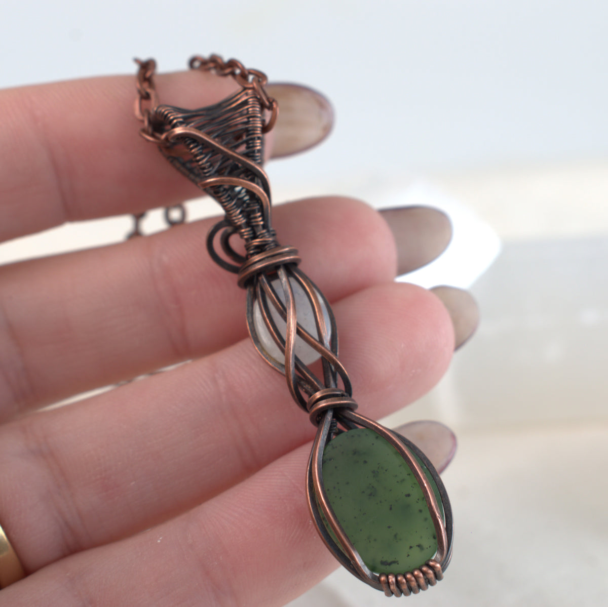 Moonlit Grove – Nephrite & Rainbow Moonstone Copper Pendant