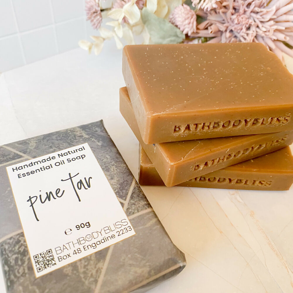 Handmade natural pine tar soap - slim cut - 3 unwrapped soaps & 1 wrapped soap - stacked view