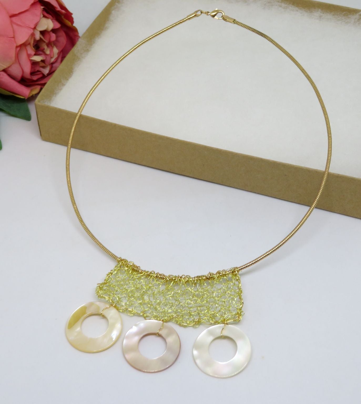 Bespoke Handmade Gold Crochet Wire Trio Shell Pendant Choker Necklace