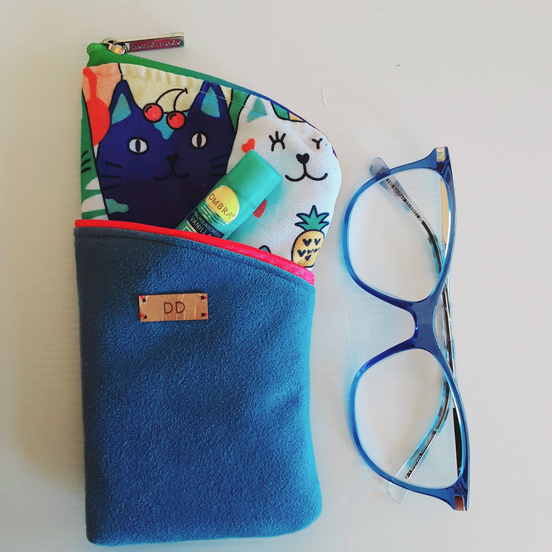 Handmade Padded Sunglass Case, Zippered Eyeglass Pouch, Cat Print