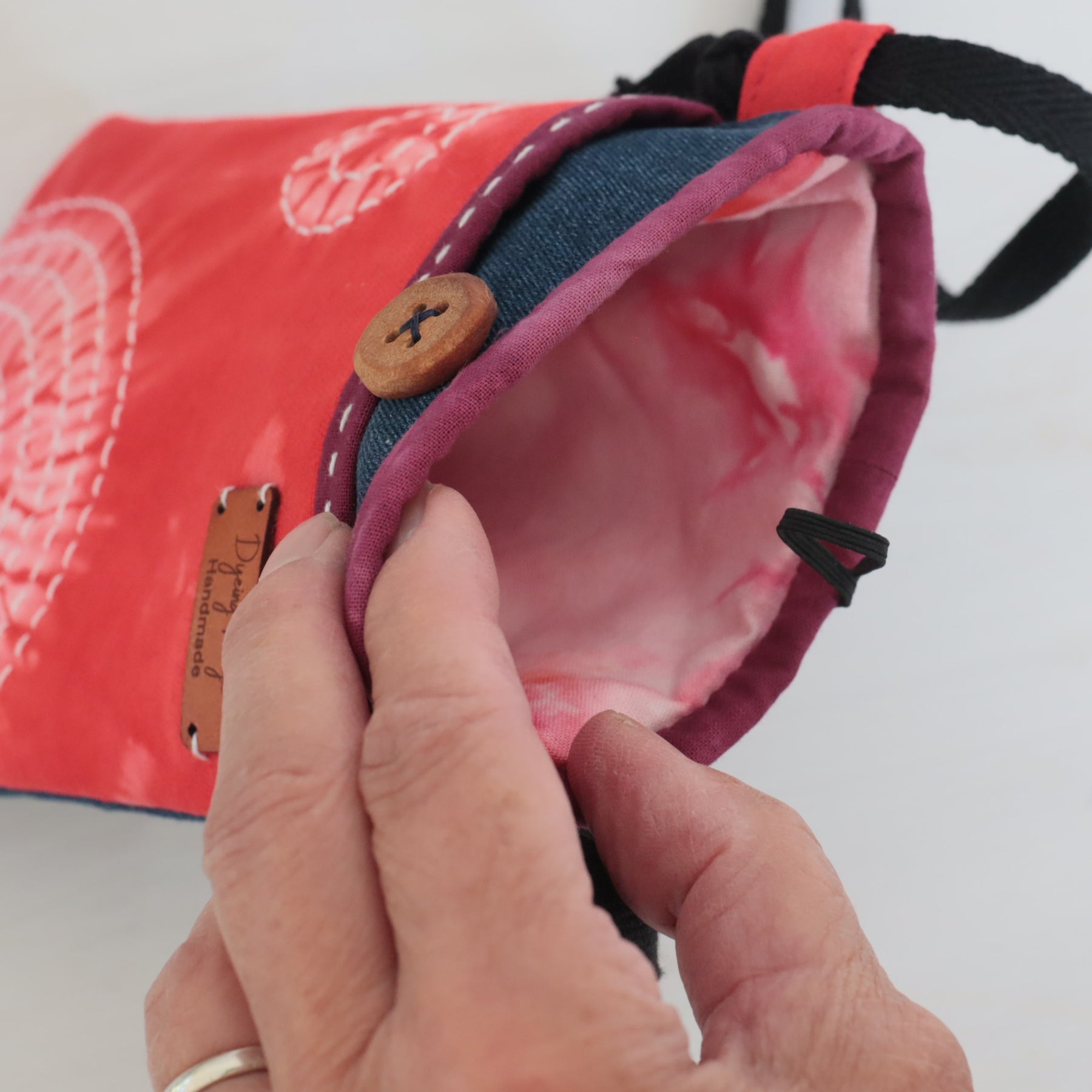 Tie Dyed Cross Body bag for Phone and Glasses, Phone Sling, red, upcycled jeans