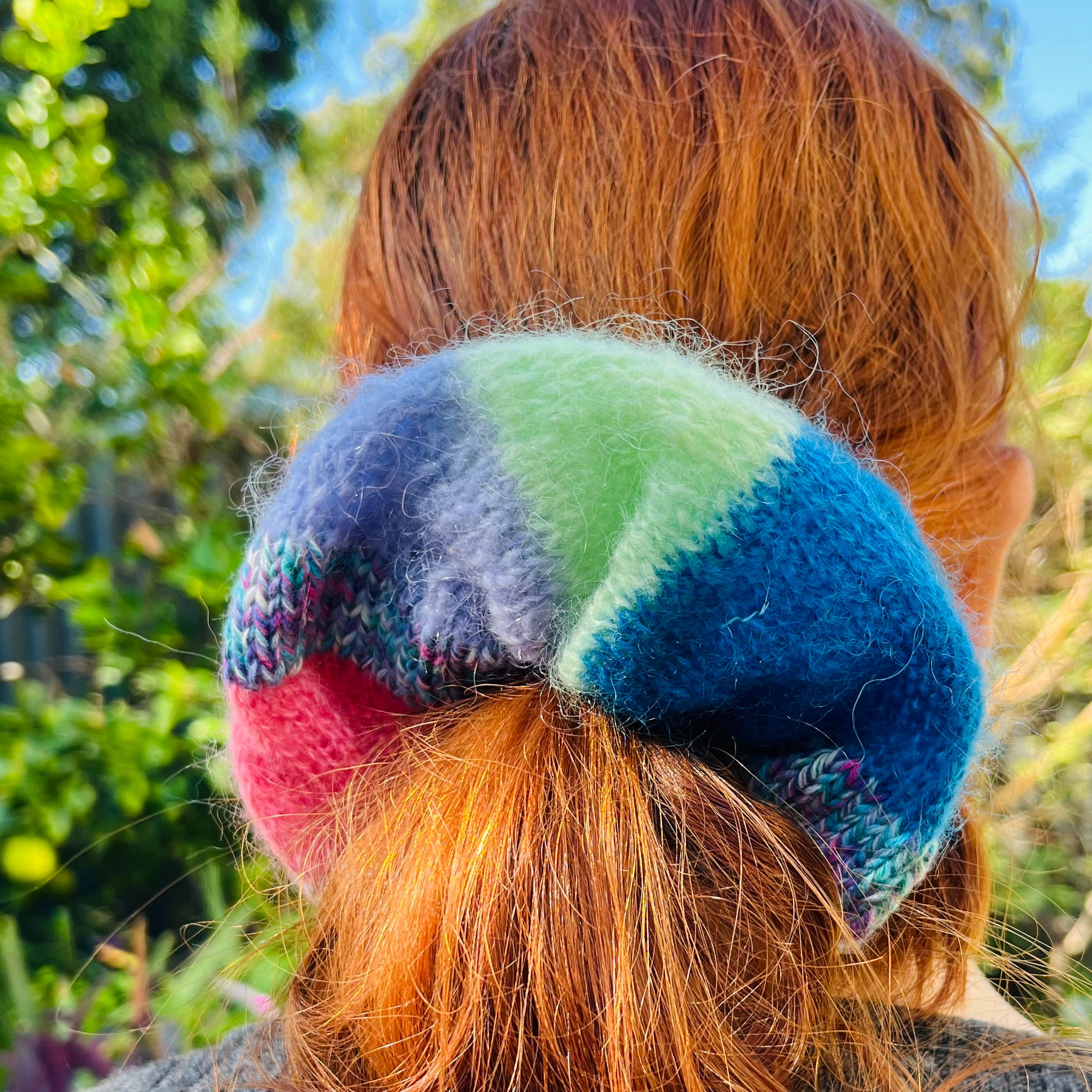 Oversized Hand-Knitted Mohair Scrunchie - Ocean Sunset Variegated - One of a Kind