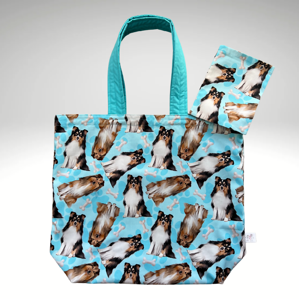 Grocery Tote ... Lined with storage pouch ... Shetland Sheepdog