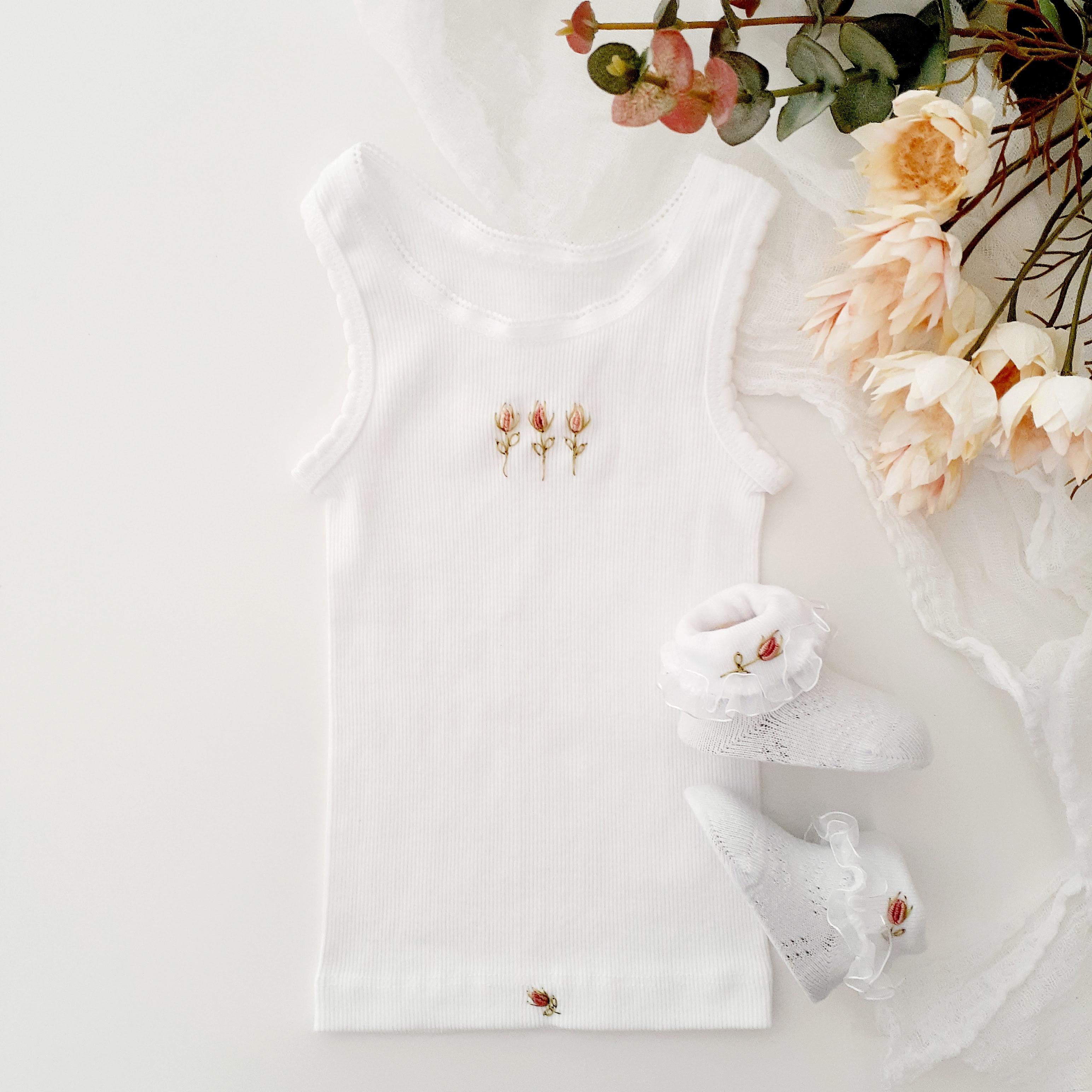 Newborn Cotton Baby Singlet, Hand Embroidered Bees, Baby Boy Gift
